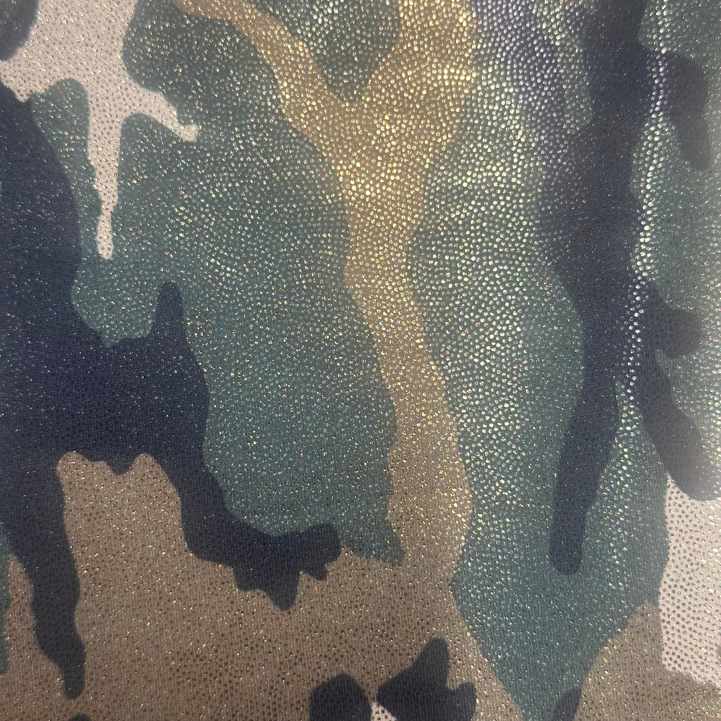 Camouflage Print Gold Foil Poly Spandex Fabric | Spandex Palace Multi Color