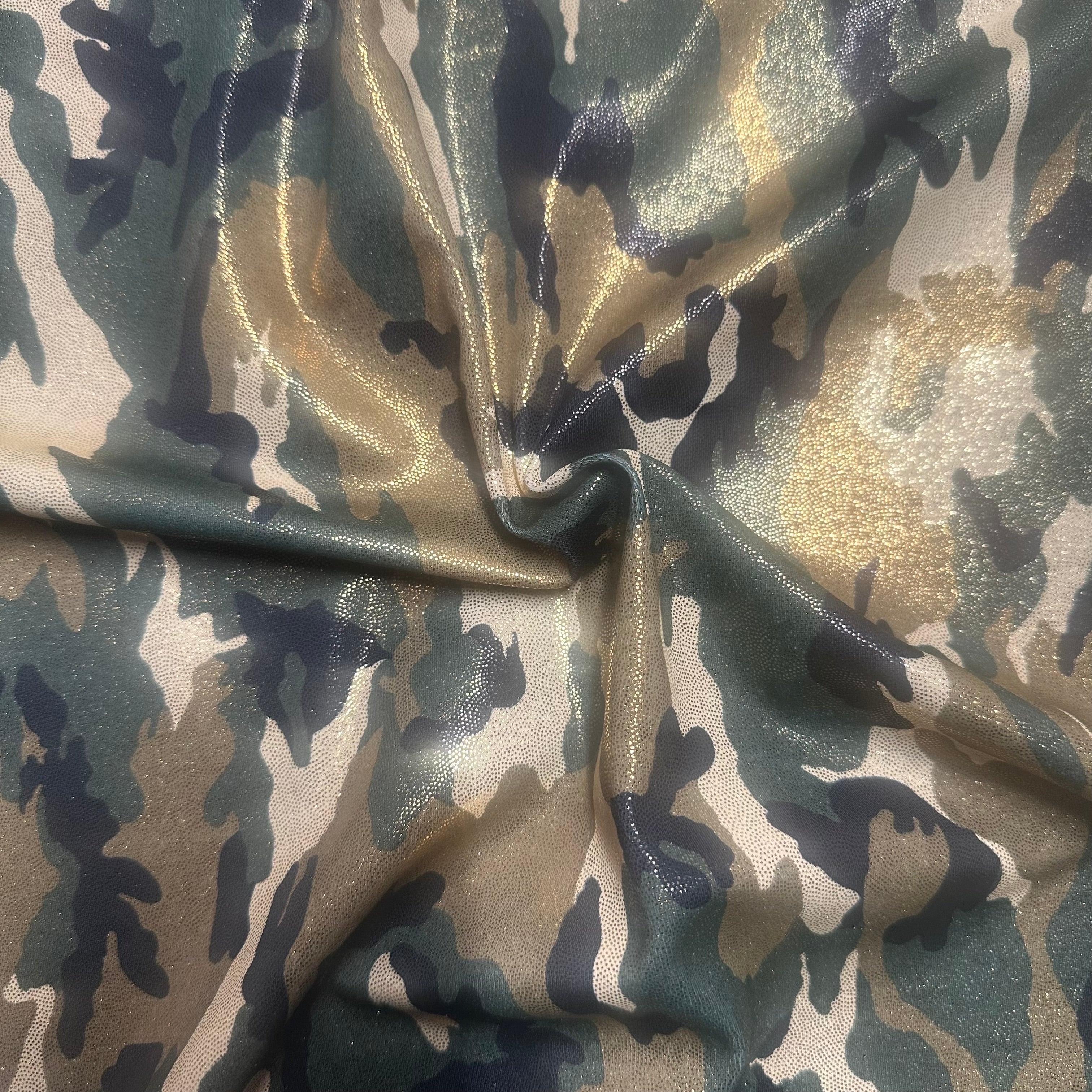 Camouflage Print Gold Foil Poly Spandex Fabric | Spandex Palace Multi Color