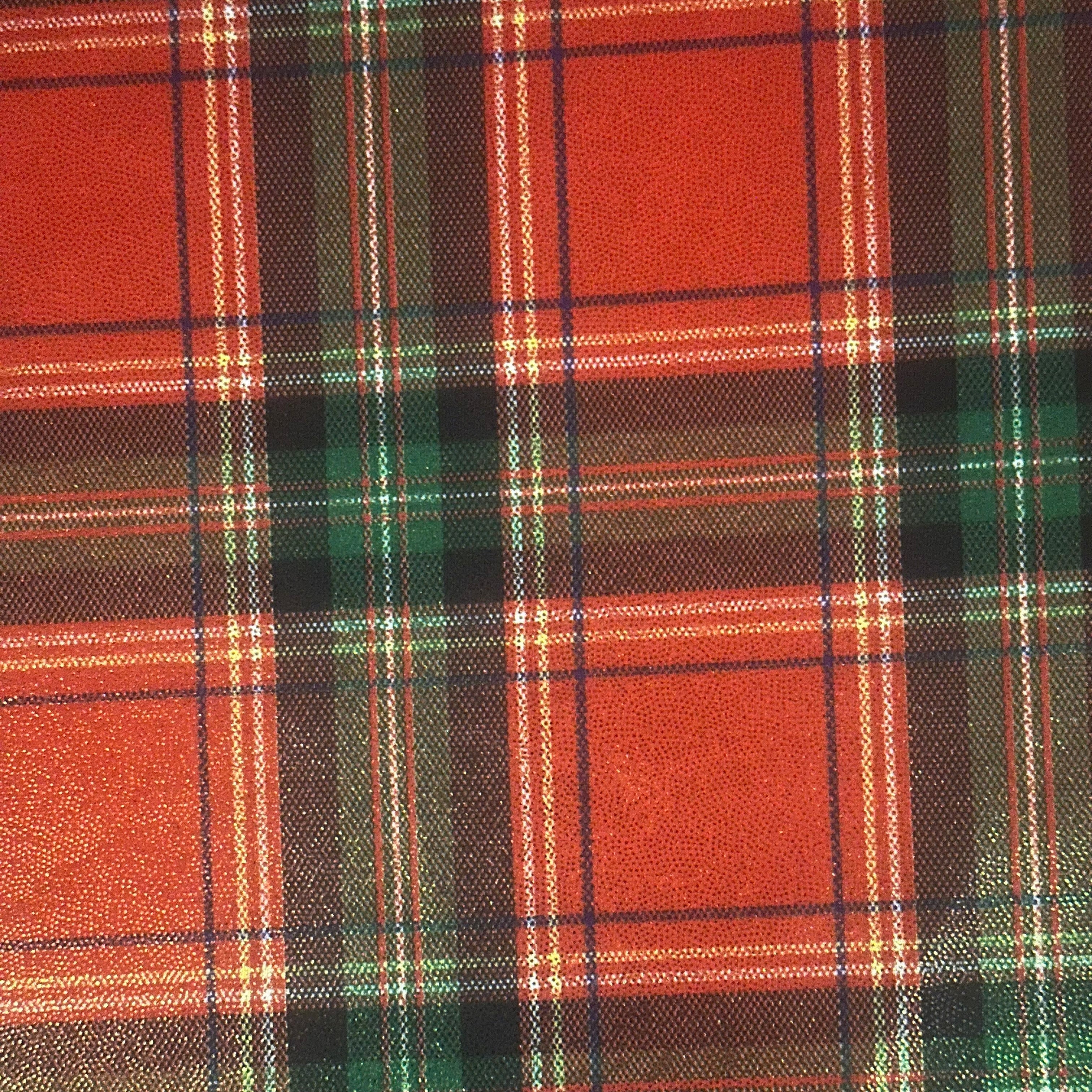 Plaid Print Foiled Polyester Spandex Tricot Fabric | Spandex Palace Red