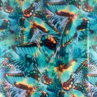 Butterfly Digital Illusion Foil Mariposa Print Stretchy Fabric | Spandex Palace Green