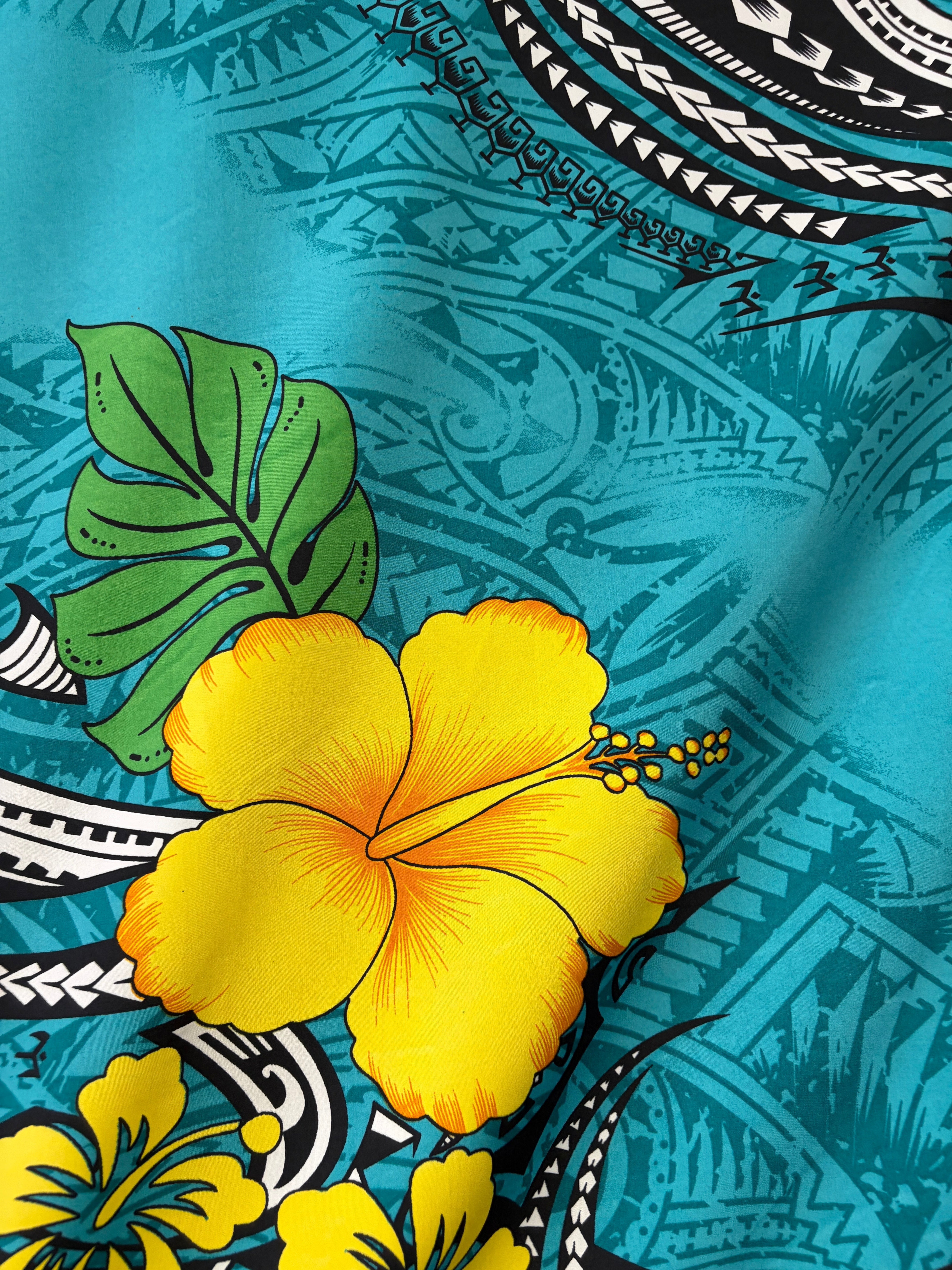 Hibiscus Tribal Polynesian Tattoo Peachskin (Polyester) Fabric | Islands Fabric