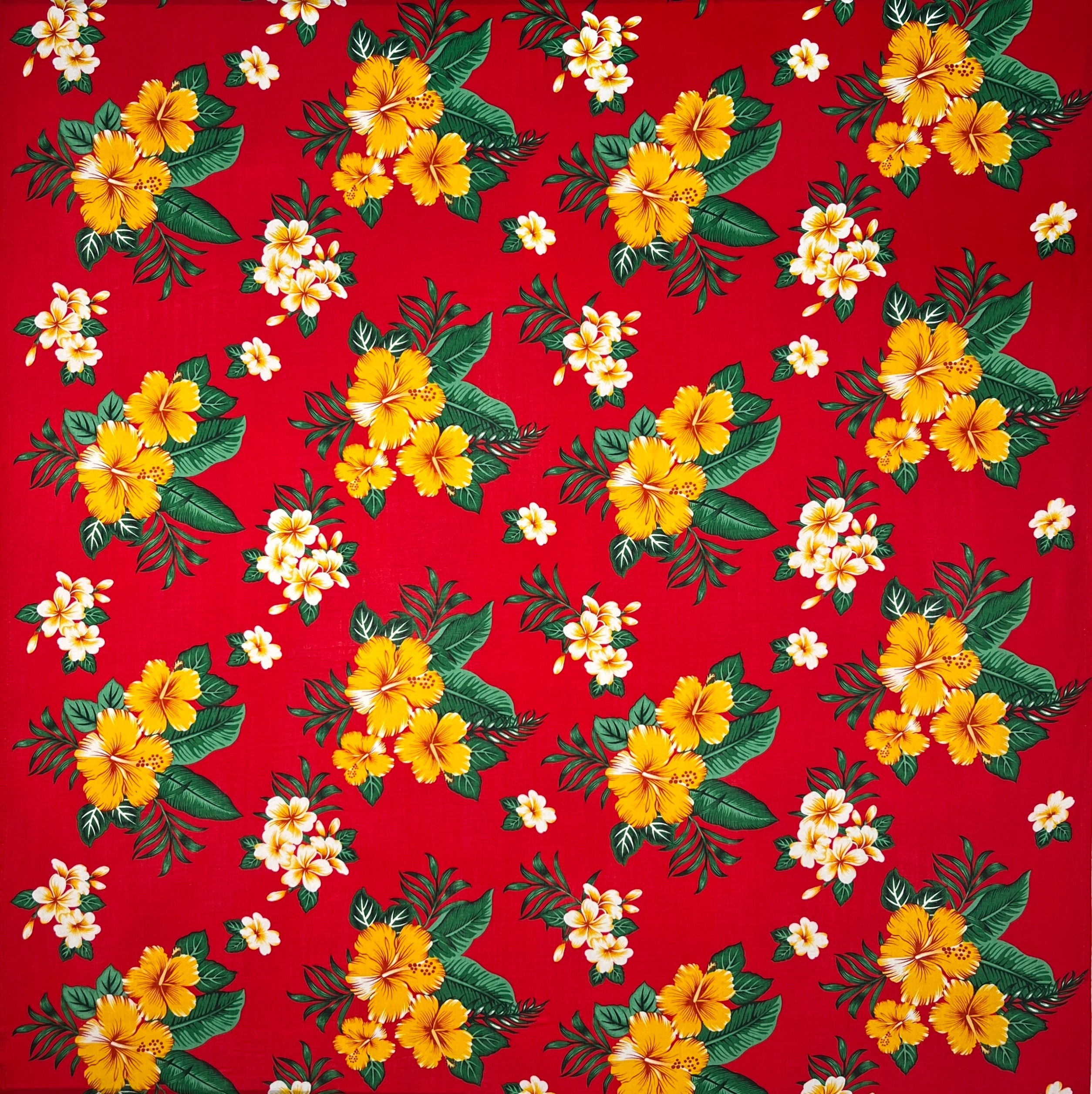 Hibiscus Plumeria & Tropical Leaves clusters Fabric | Rayon