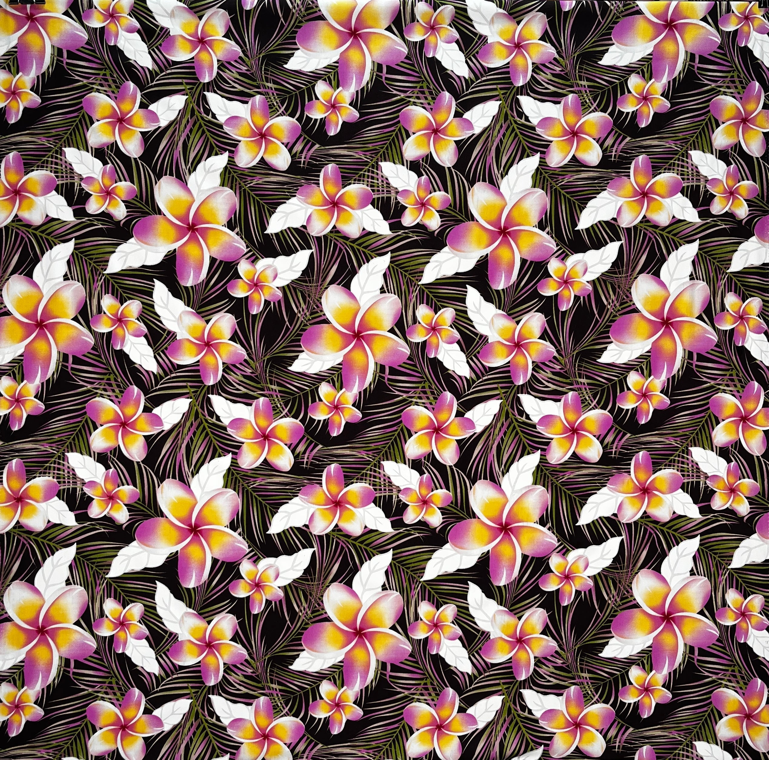 Plumeria & Tropical Leaves Print Fabric | Rayon Poplin | Spandex Palace