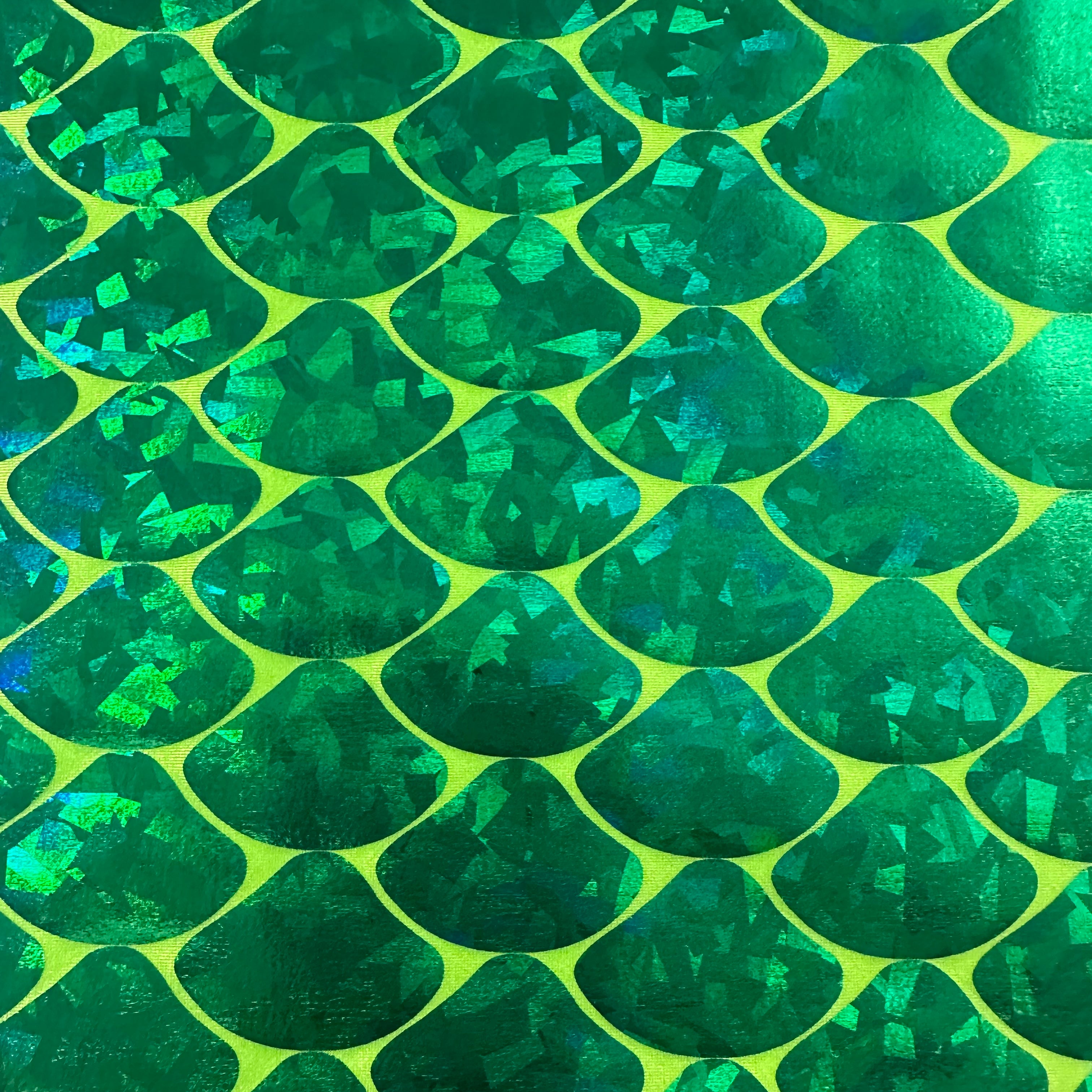 4 Way Stretch Big Mermaid Shell Hologram Fabric | Spandex Palace Lime Gold