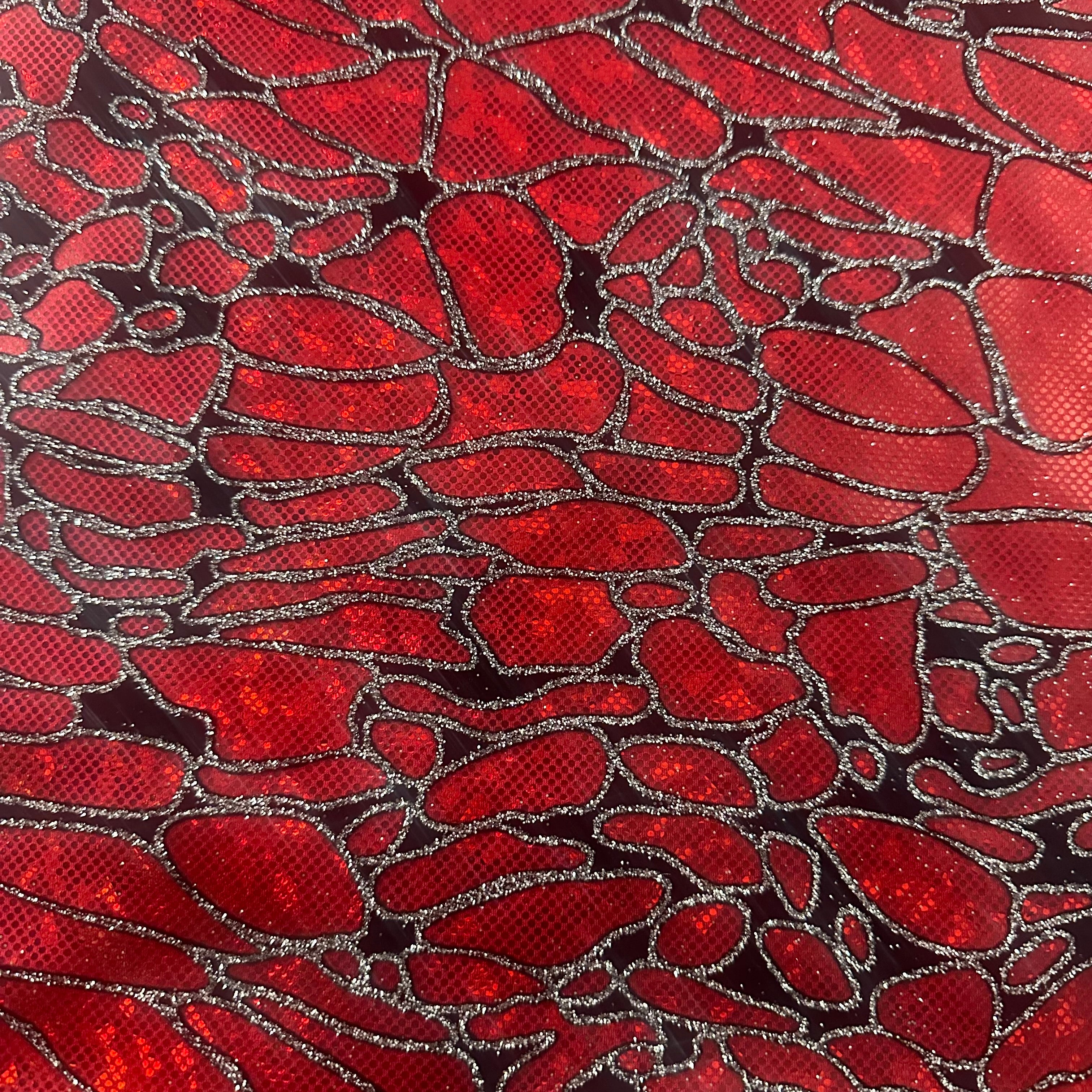 Maze Hologram  Flocking  Glitter Nylon Spandex Tricot Fabric | Spandex Palace Red Red