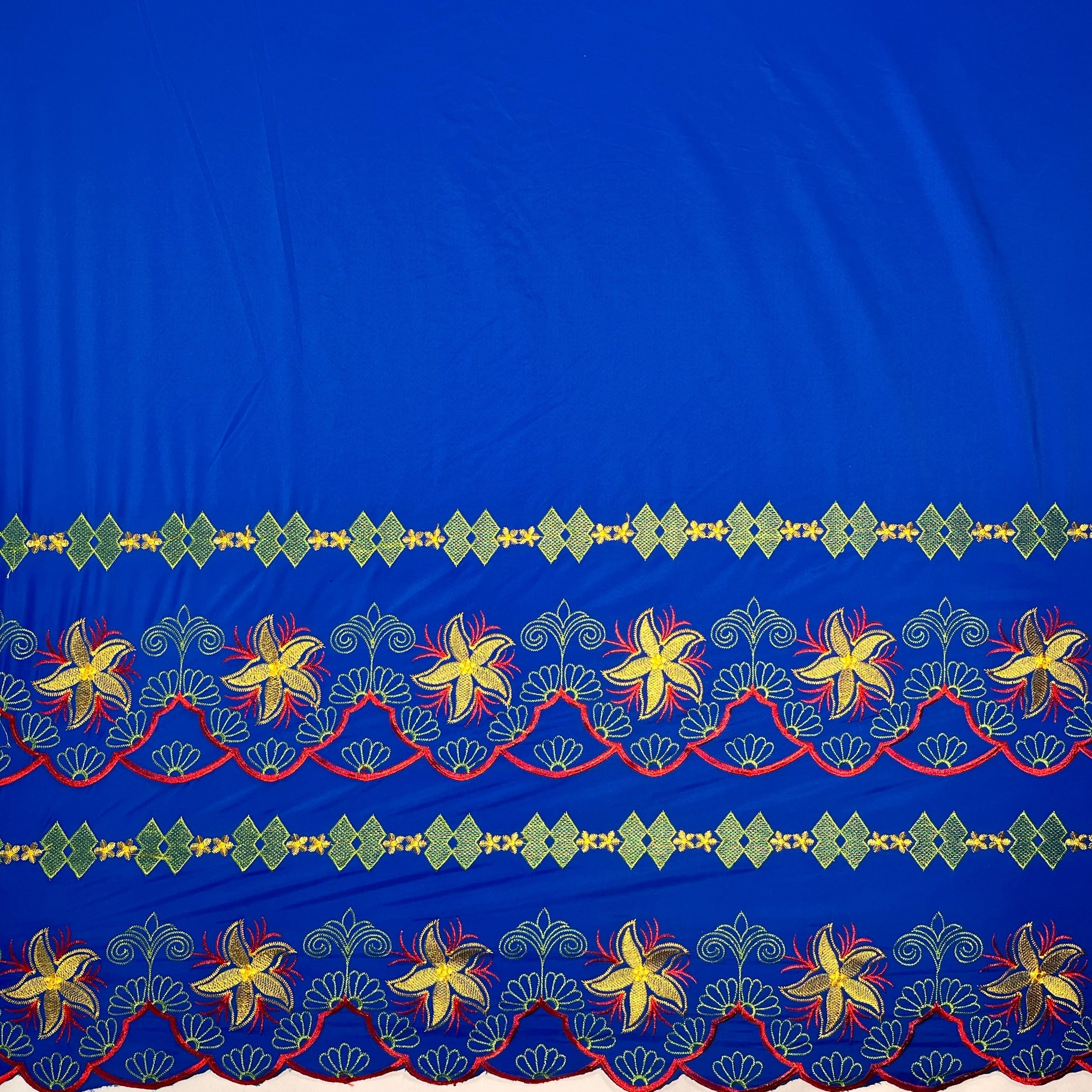 Plumeria Flower Embroidered Double Border Fabric | Polyester | Spandex Palace