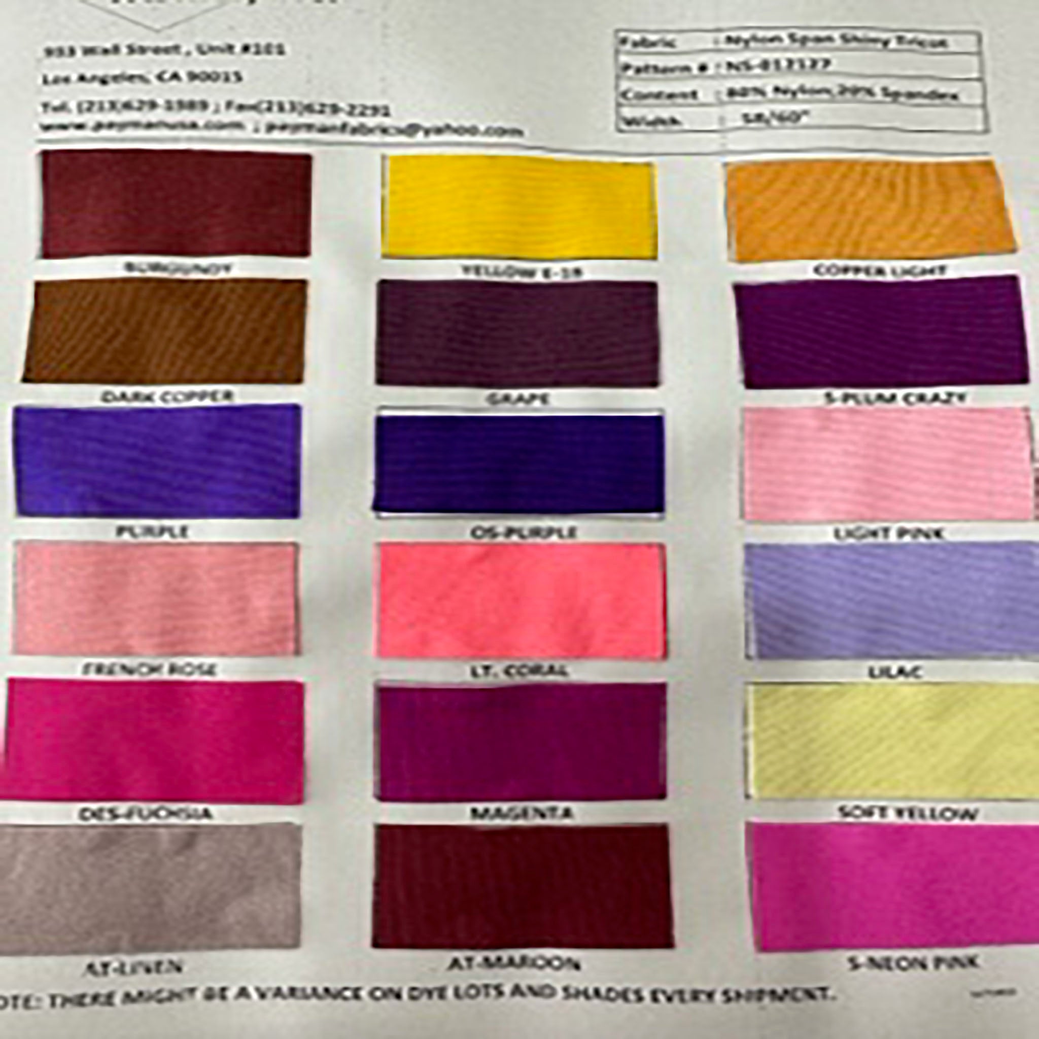 Dynamic Nylon Spandex 4-Way Stretch Shiny Tricot Color Card | Spandex Palace