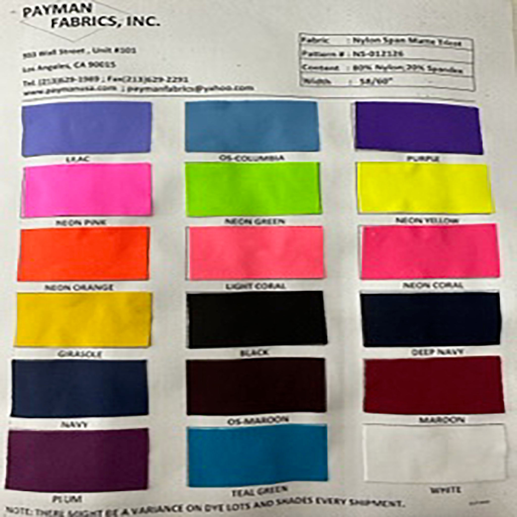 Nylon Spandex Matte Trico Color Card | Spandex Palace Page 1