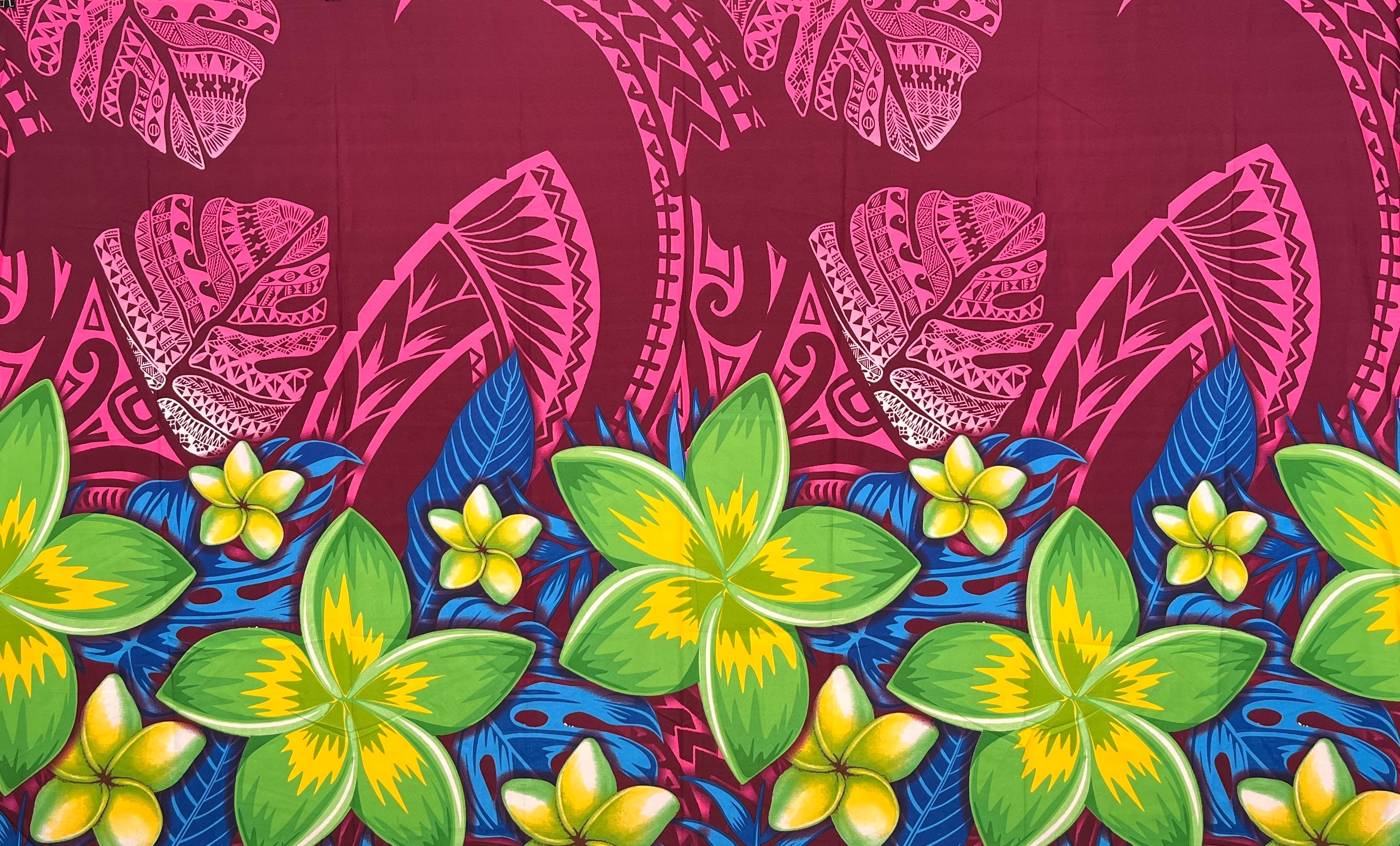 Tribal Tattoo Monstera leaves w/ Plumerias Sarong | Islands Fabric