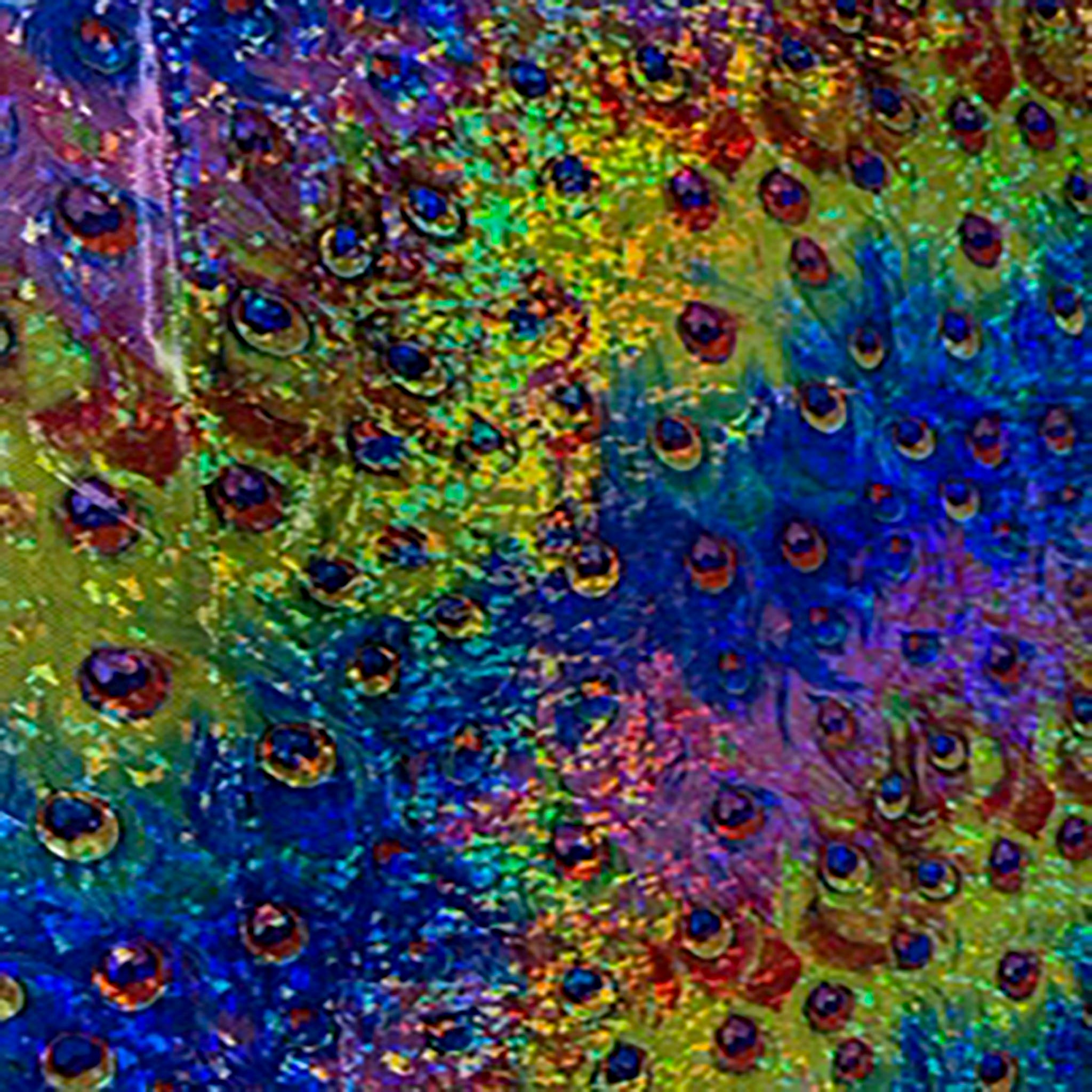 4 Way Polyester Spandex Big Peacock Digital Print & Hologram Fabric | Spandex Palace Yellow Green