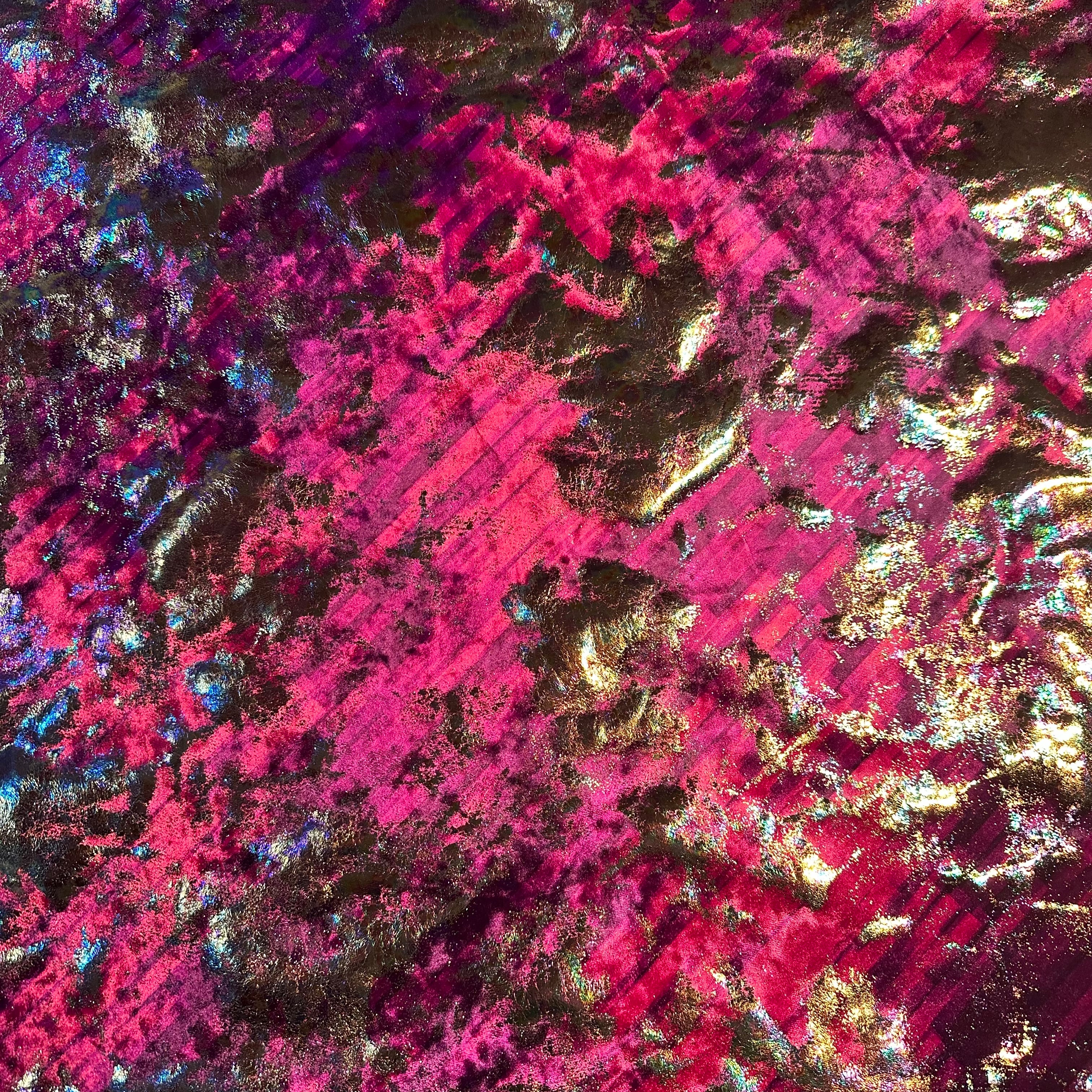 2 Way Poly Spandex Stretch Velvet Fabric Splash Oil Slick Foil  | Spandex Palace Hot Pink