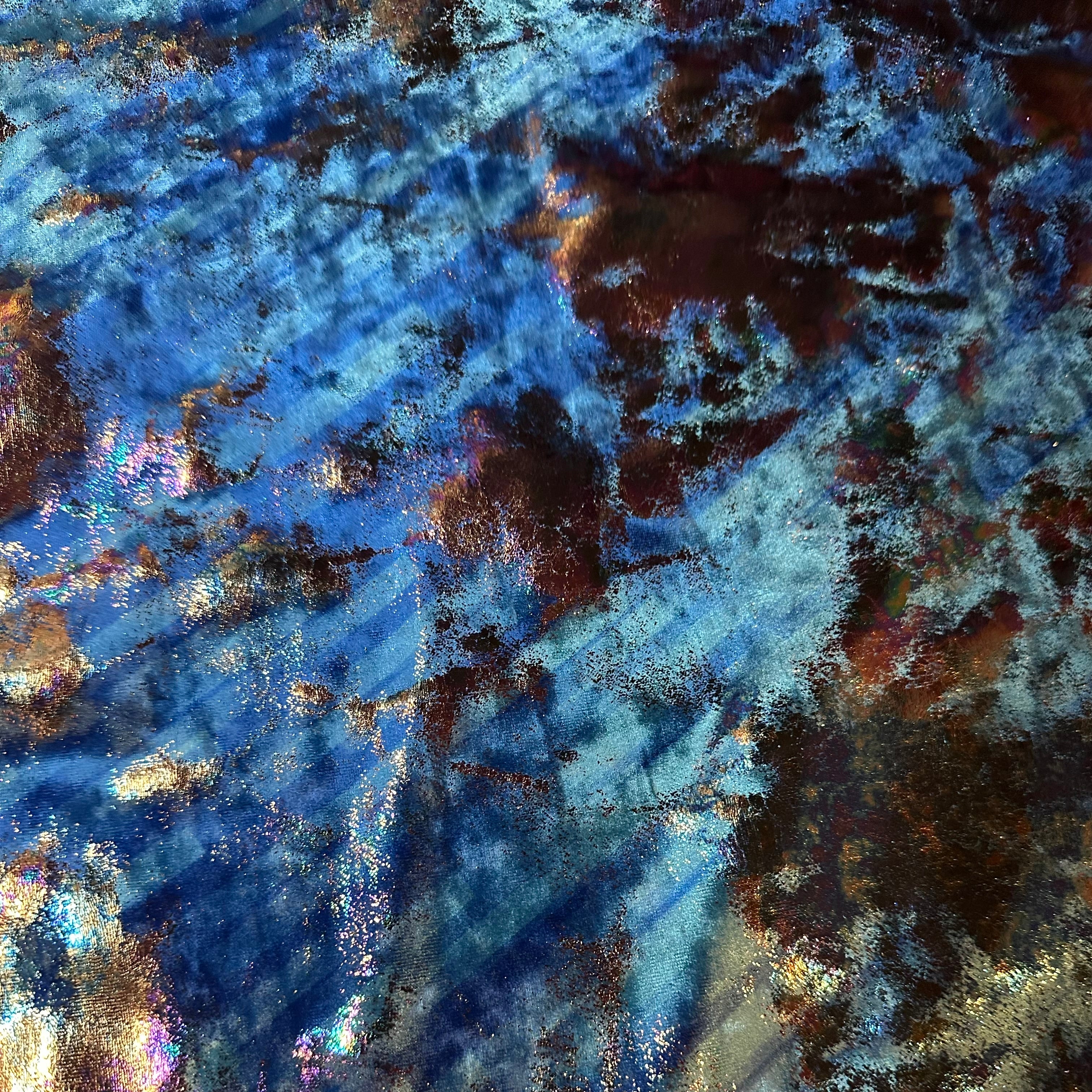 2 Way Poly Spandex Stretch Velvet Fabric Splash Oil Slick Foil  | Spandex Palace Royal