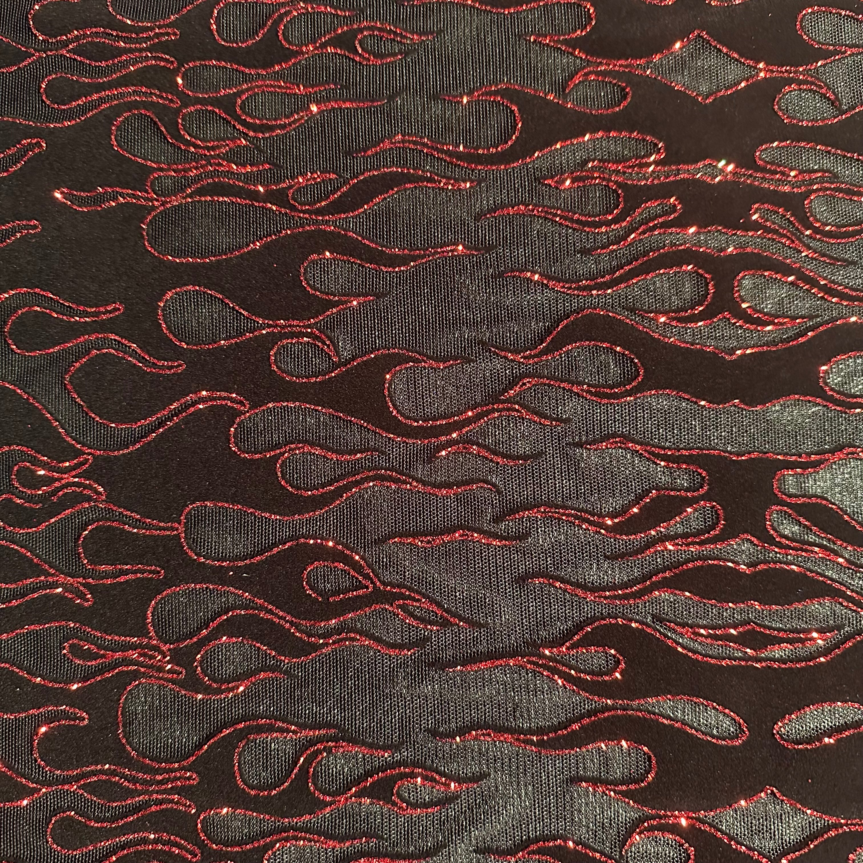 4 Way Stretch Power Mesh Fabric With Flame Flock Glitter| Spandex Palace Black