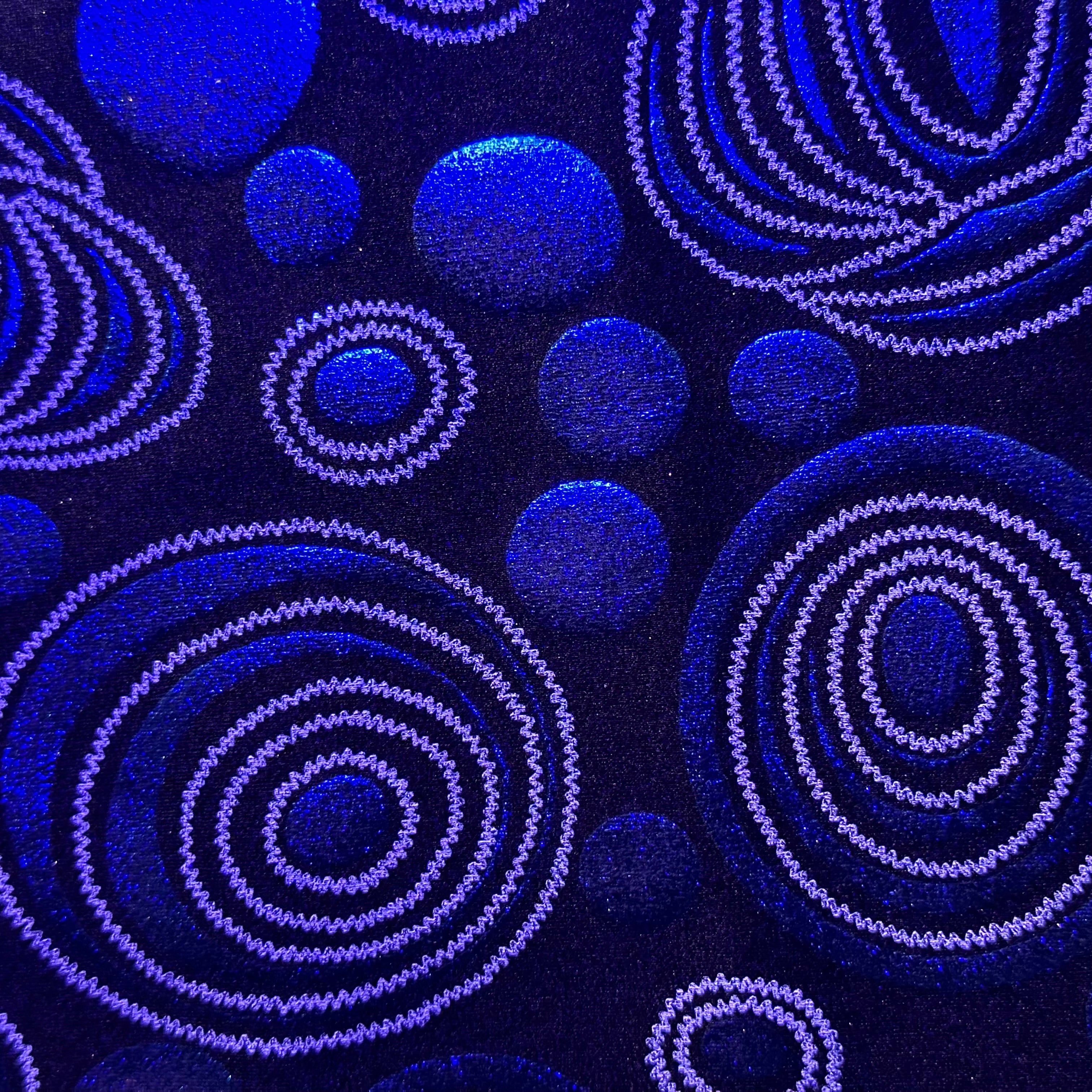 4 Way Stretch Nylon Spandex  Fabric Circle Galaxy Foiled | Spandex Palace Black Royal White