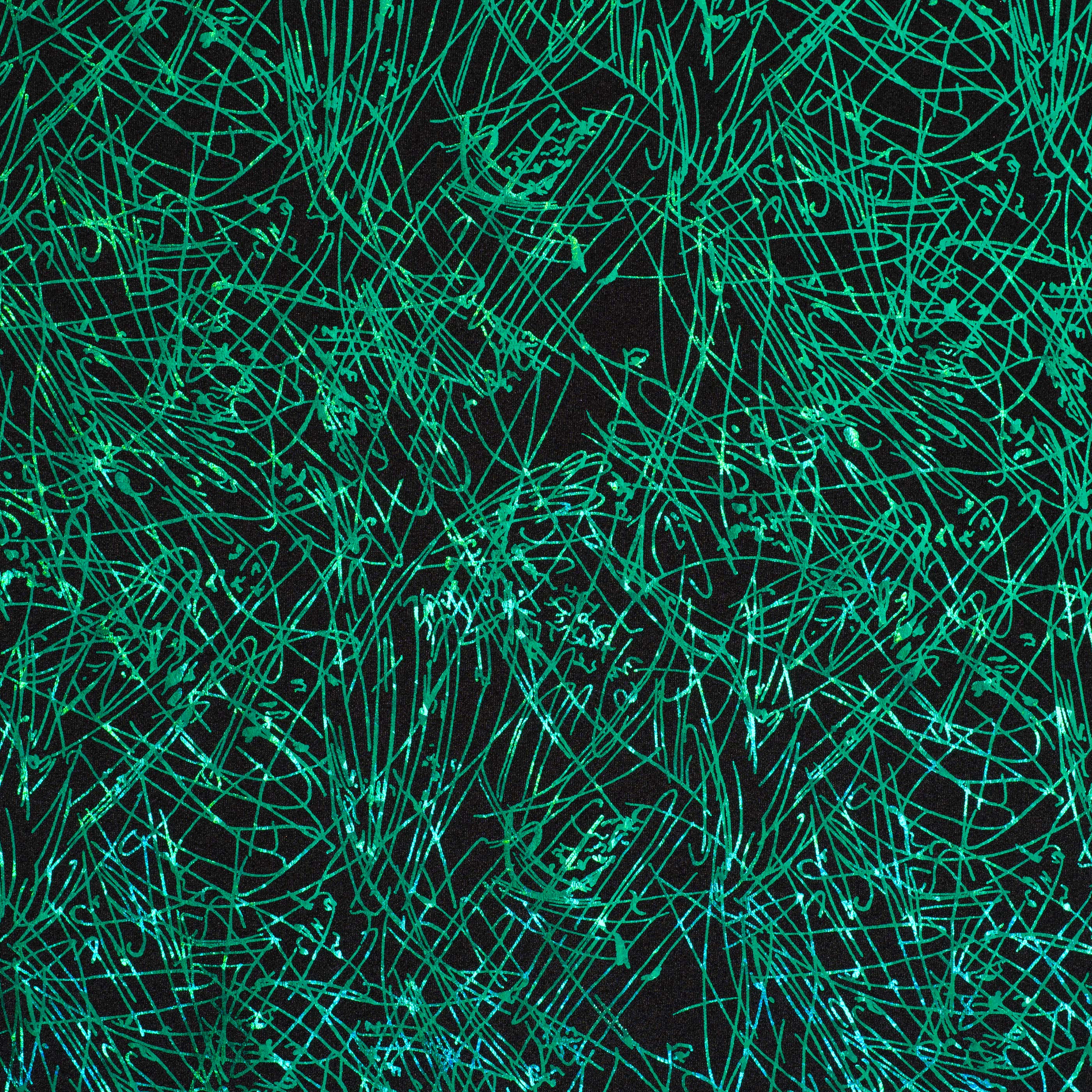 Stretch Nylon Spandex Fabric with Dancing Splash Hologram Foil | Spandex Palace Black Green