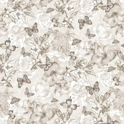Natural Monotone Butterfly and Floral Cotton Wideback Fabric per yard