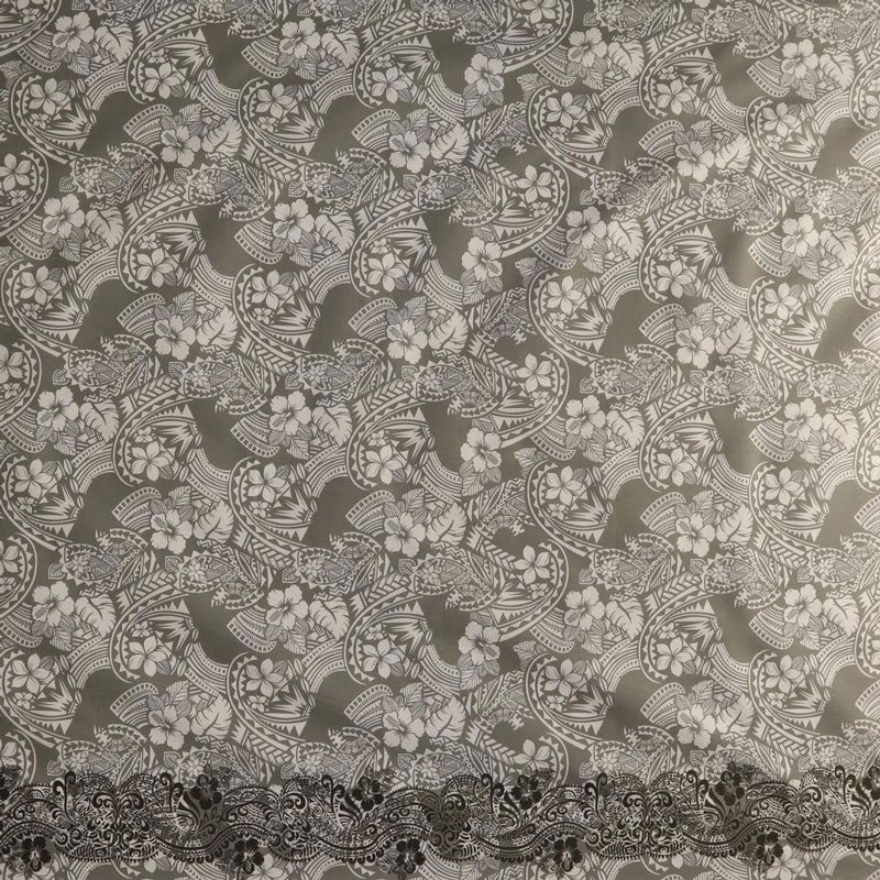 Polynesian Hibiscus & Plumeria Flowers Traditional Tattoo Single Border Fabric | Poly-Cotton  | Spandex Palace