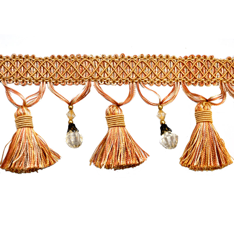 Paulette Collection - 4" width BEADED TASSEL FRINGE (25 Yard Roll) - BF-4027-61/18 Gold and Ivory