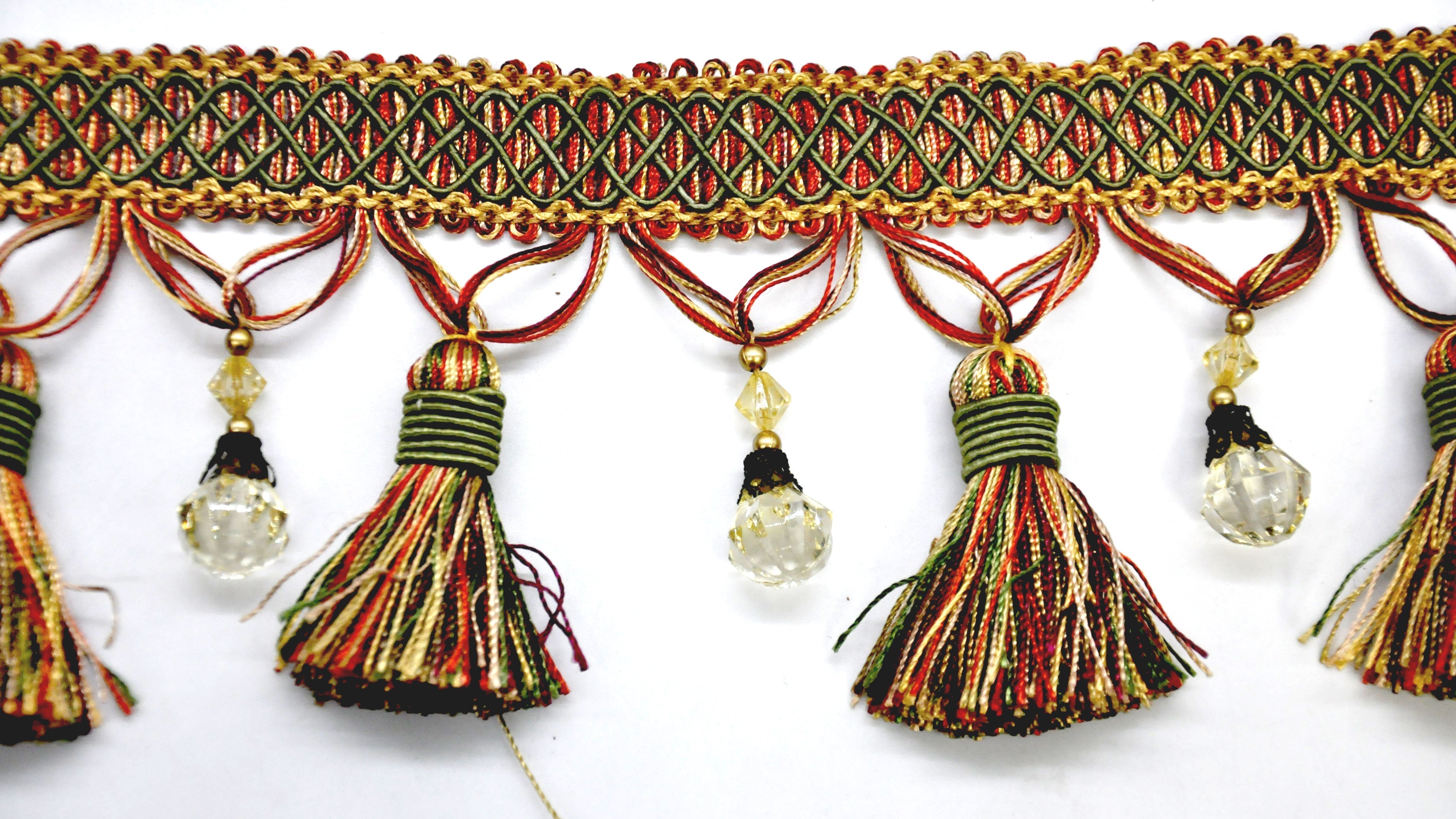 Paulette Collection - 4" width BEADED TASSEL FRINGE (25 Yard Roll) - BF-4027-82/17 Wine Red and Gold