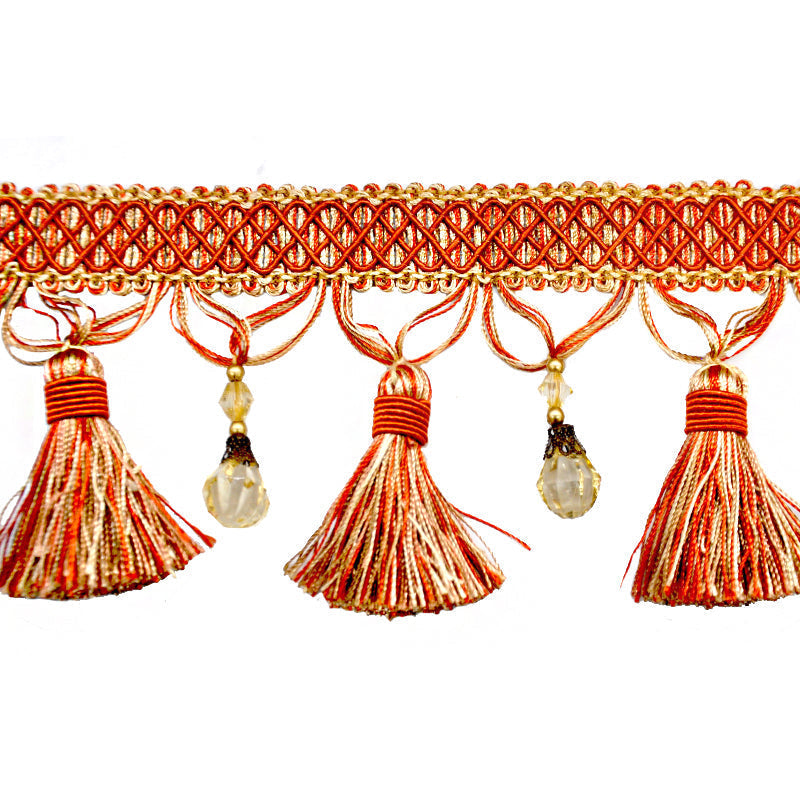 Paulette Collection - 4" width BEADED TASSEL FRINGE (25 Yard Roll) - BF-4027-88/61 Gold and Rust