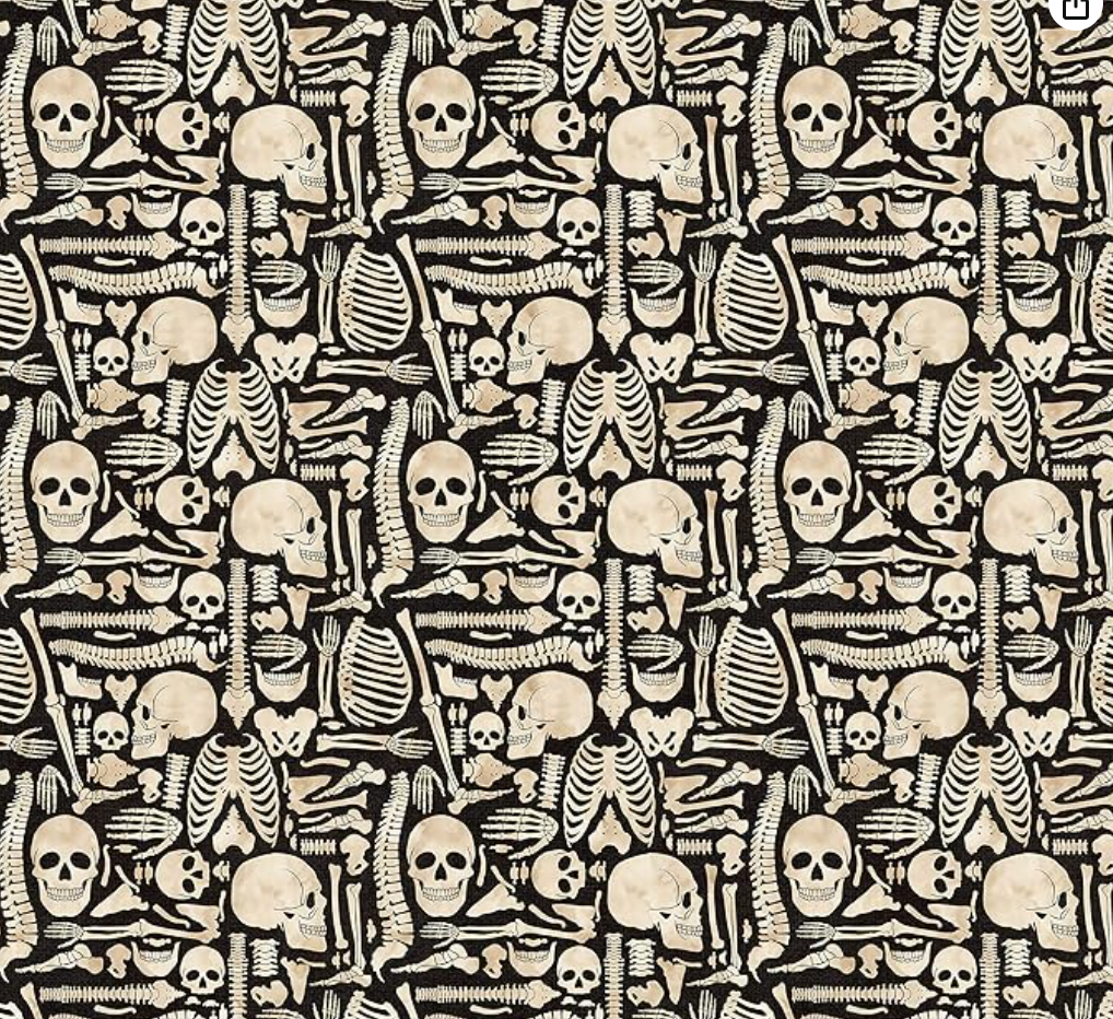 Skeleton Bones Packed on Black Cotton 43"/44" Fabric Per Yard