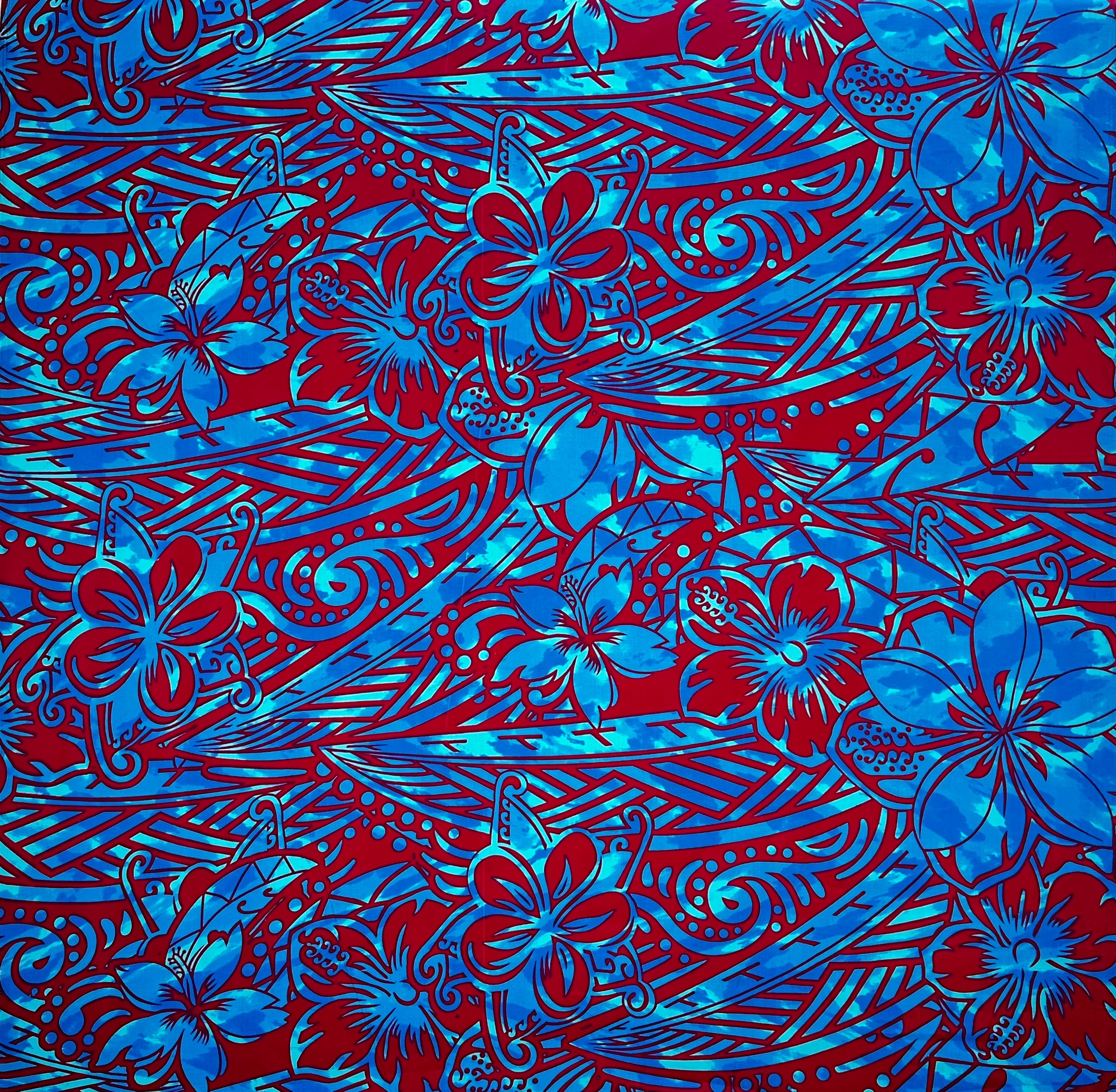 Traditional Polynesian Tattoo Hibiscus Plumeria Swirls Design Cotton Fabric | Islands Fabric