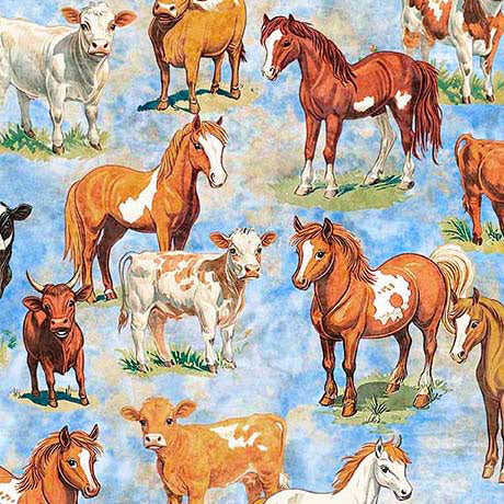 Yippie Ki Yay! Cows & Horses Light Blue Cotton 44"/45" Fabric Per Yard