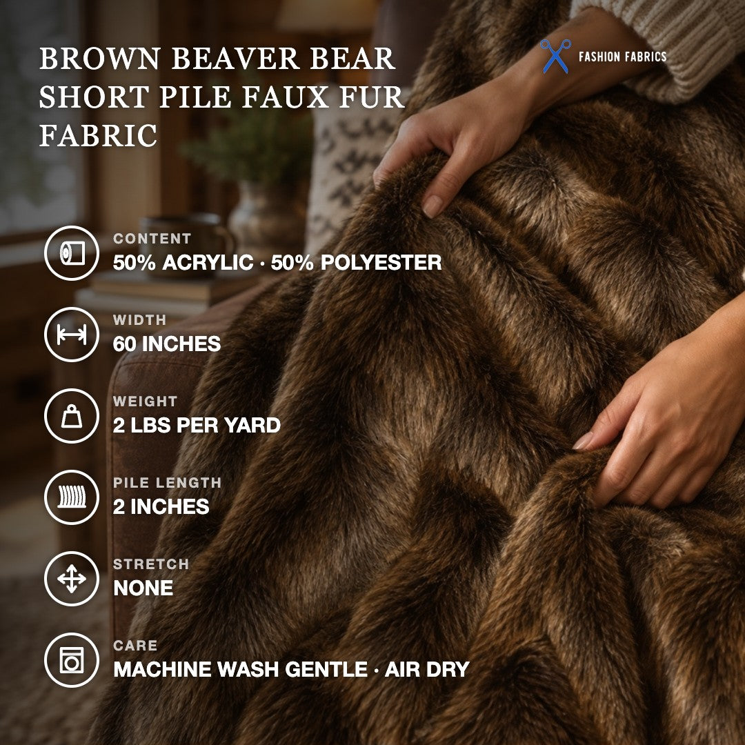 Brown Beaver Bear Short Pile Faux Fur Fabric