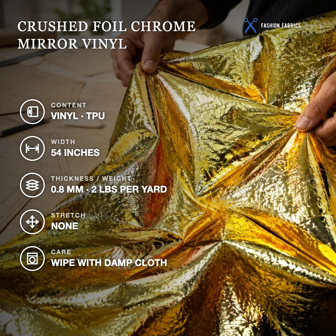 Crushed Distressed Foil Chrome Mirror Reflective Vinyl Fabric