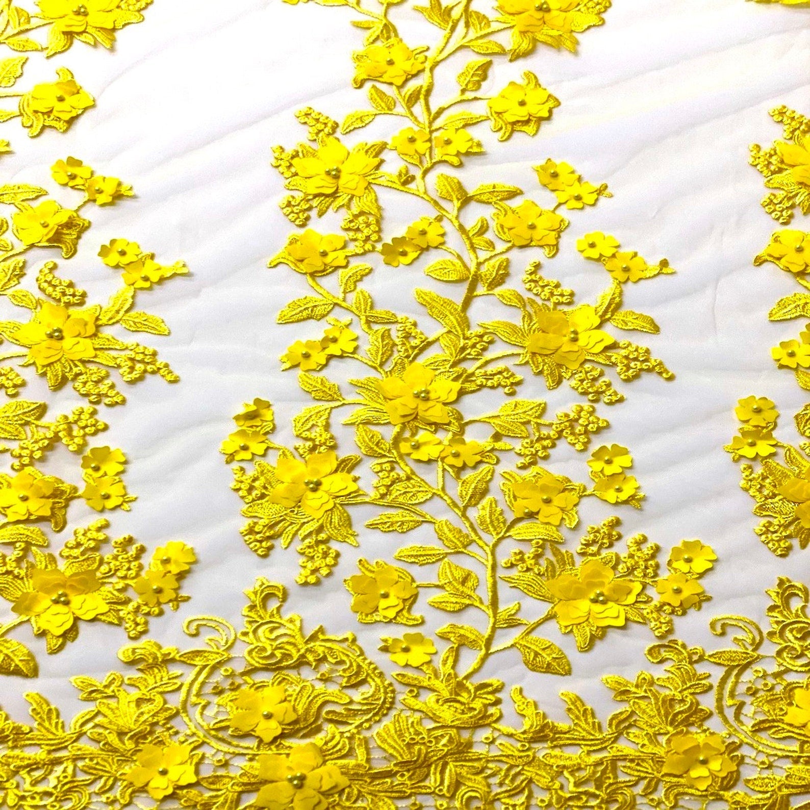 3D Embroidered Satin Floral Pearl Lace Fabric