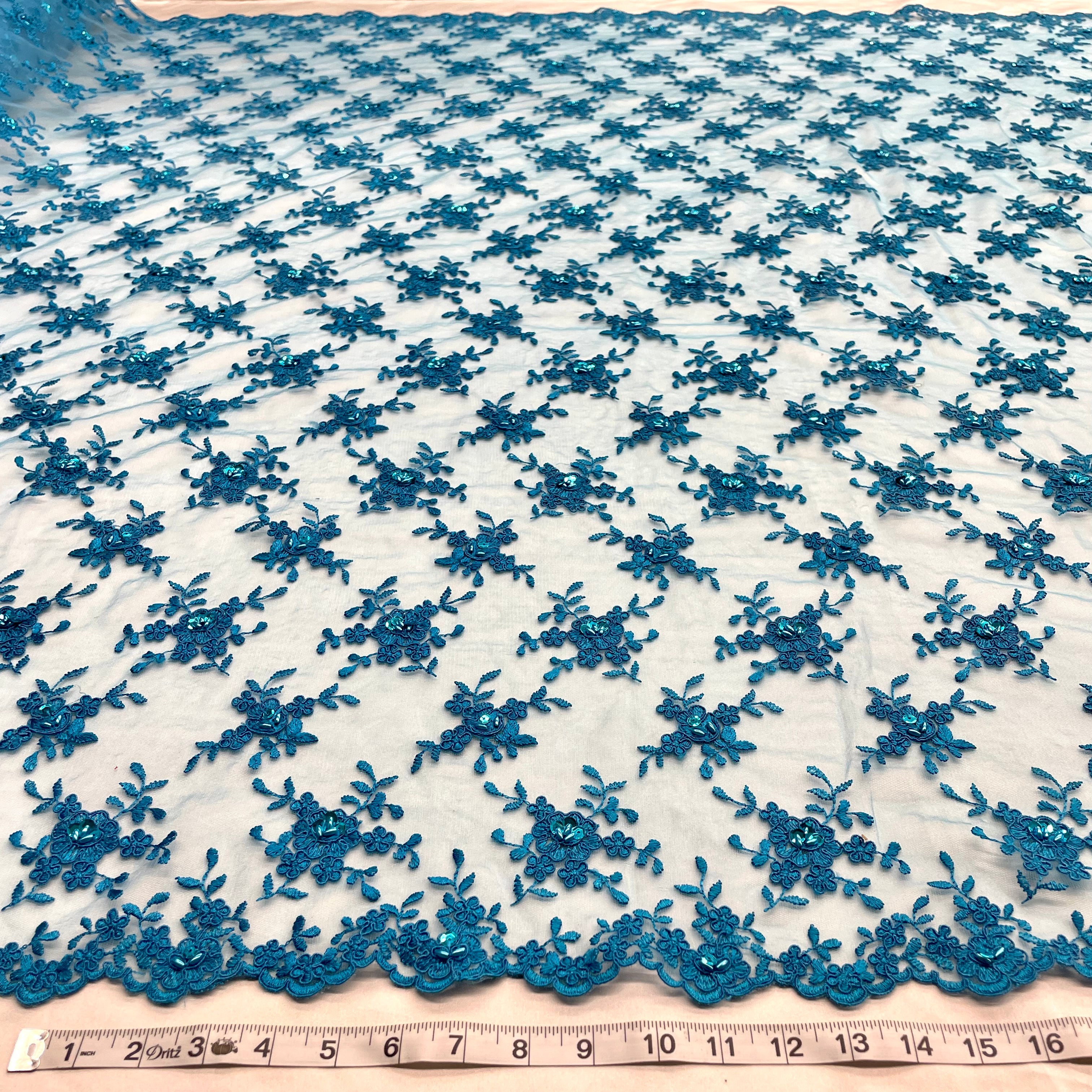 Beaded & Corded Bridal Lace Fabric Embroidered on 100% Polyester Net Mesh | Lace USA - 96646W-BP