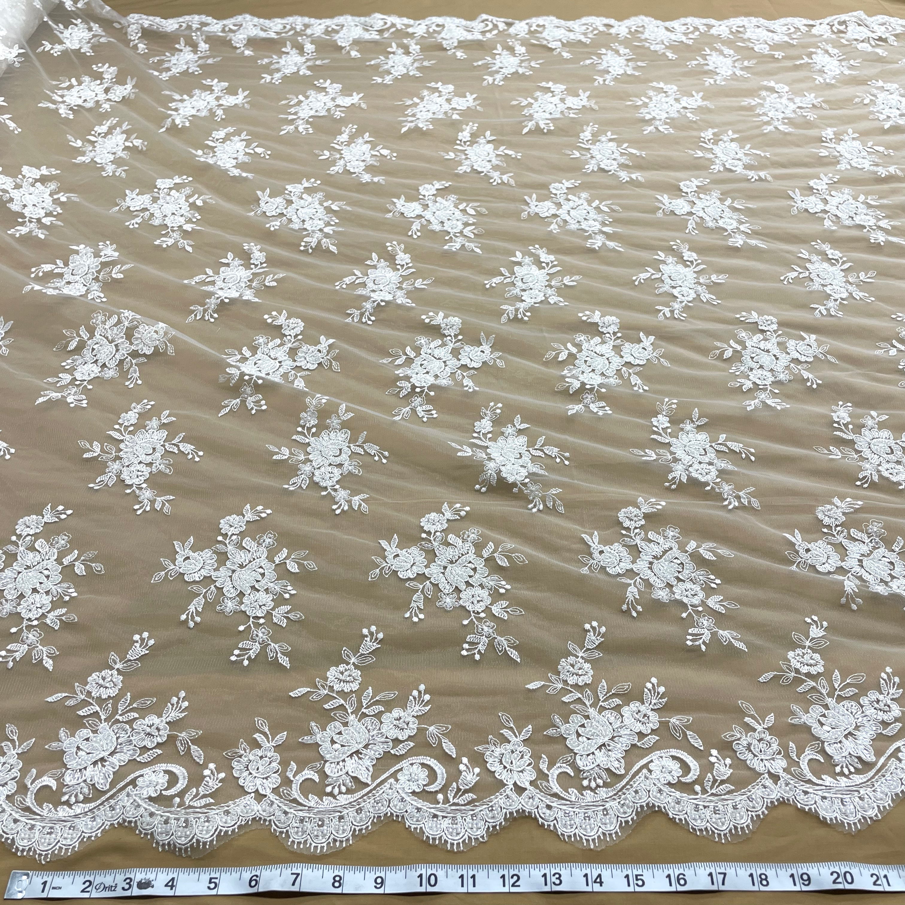 Beaded & Corded Bridal Fabric Lace Embroidered on 100% Polyester Net Mesh | Lace USA - 96517W-HB