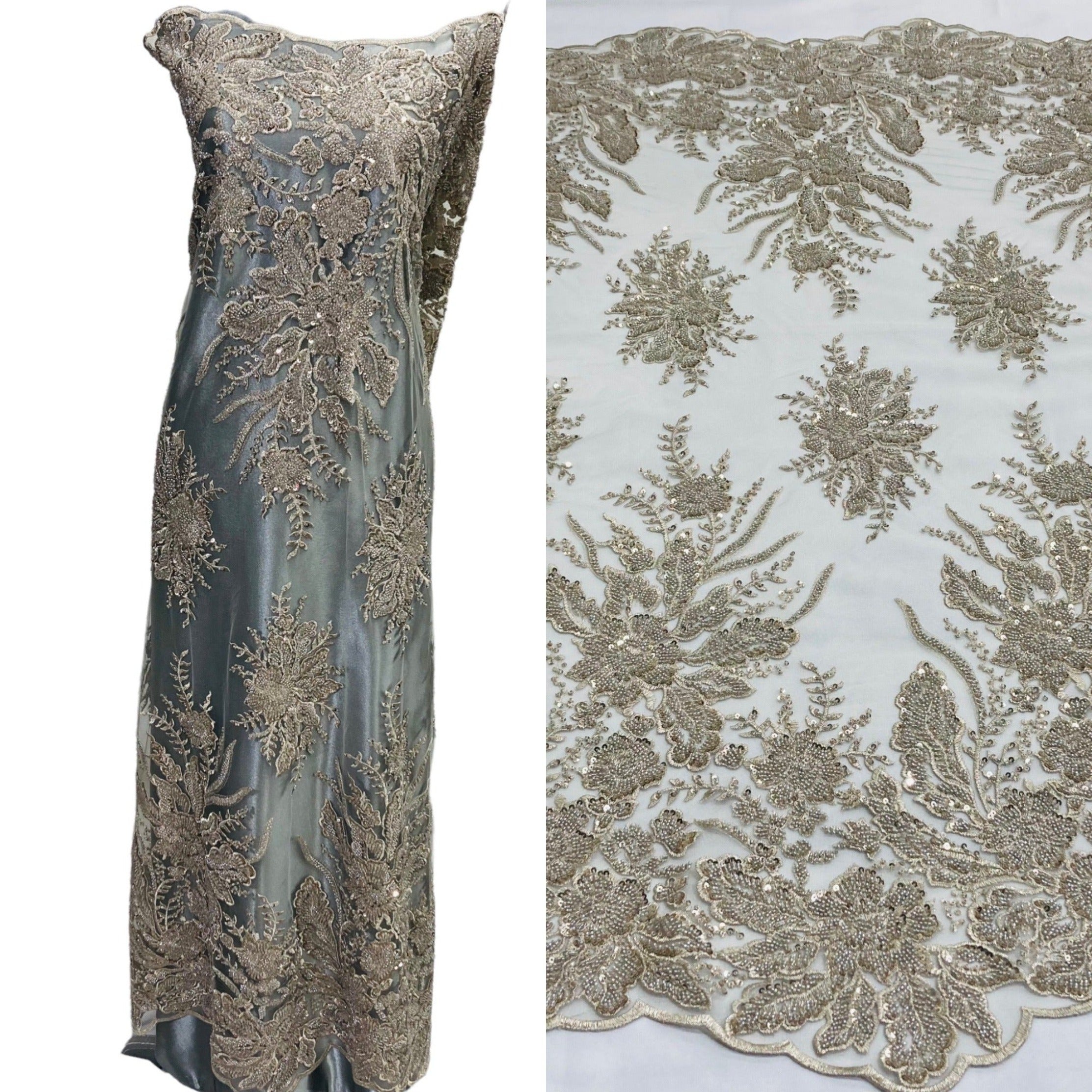 Beaded Lace Fabric Embroidered on 100% Polyester Net Mesh | Lace USA - GD-108