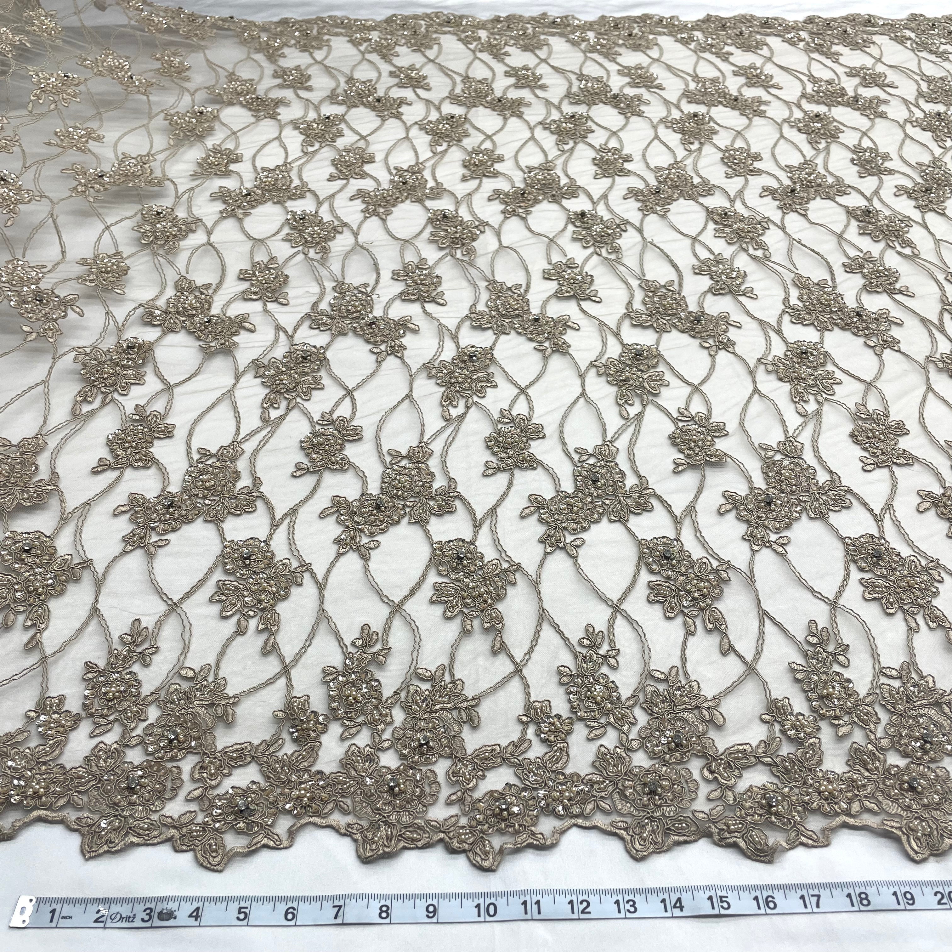 Beaded & Corded Bridal Fabric Lace Embroidered on 100% Polyester Net Mesh | Lace USA - GD-381