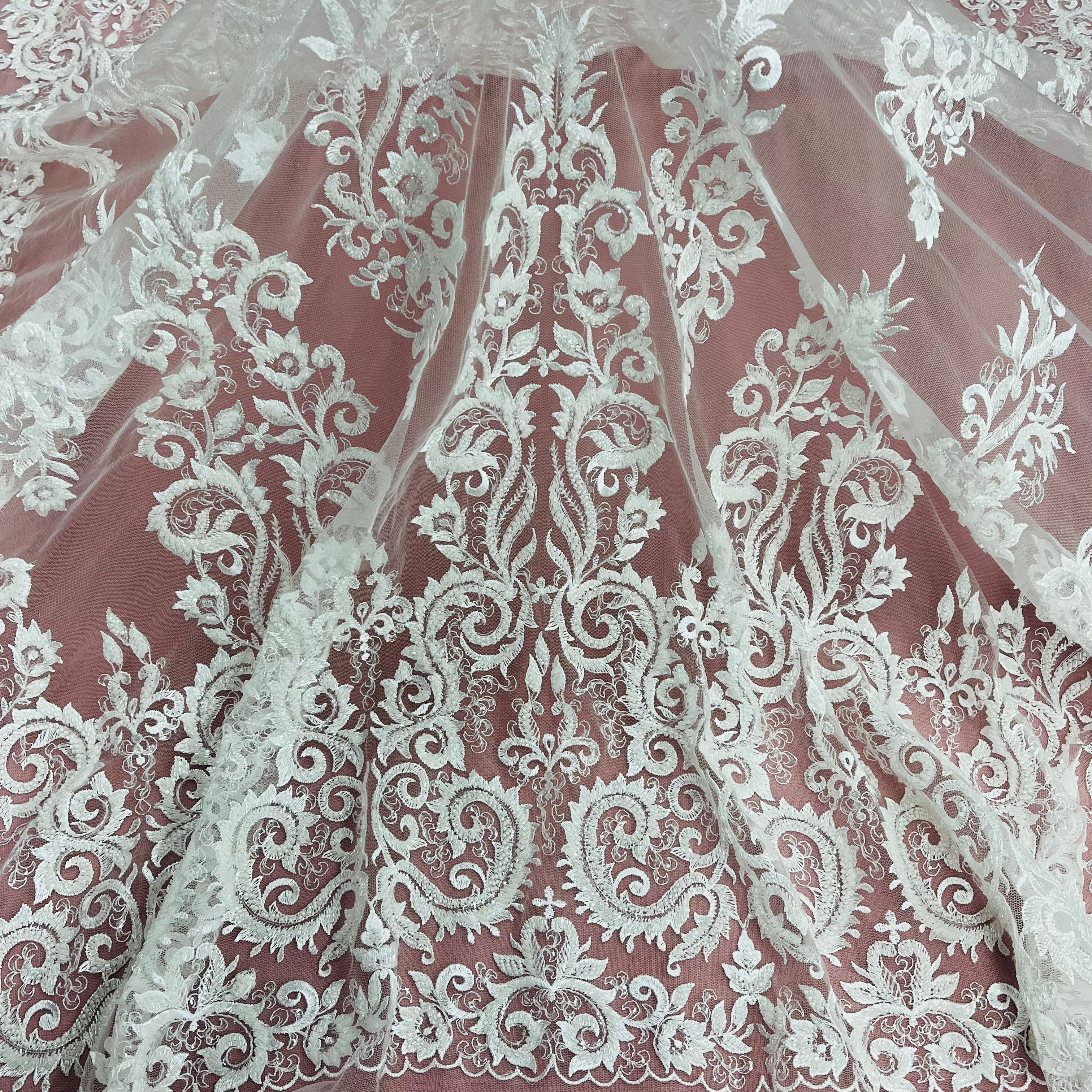 Beaded Lace Fabric Embroidered on 100% Polyester Net Mesh | Lace USA - GD-13315