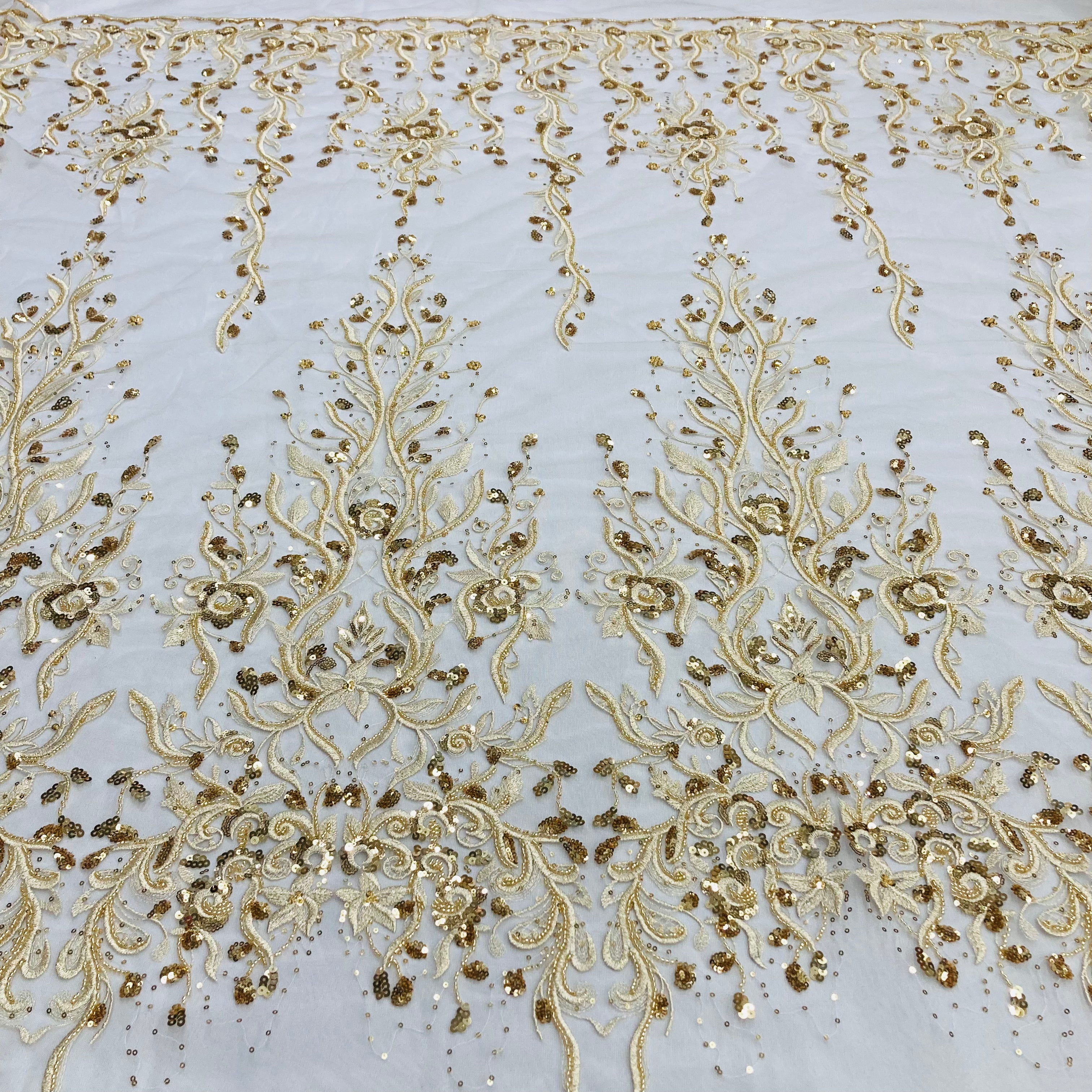 Beaded Lace Fabric Embroidered on 100% Polyester Net Mesh | Lace USA - GD-217120