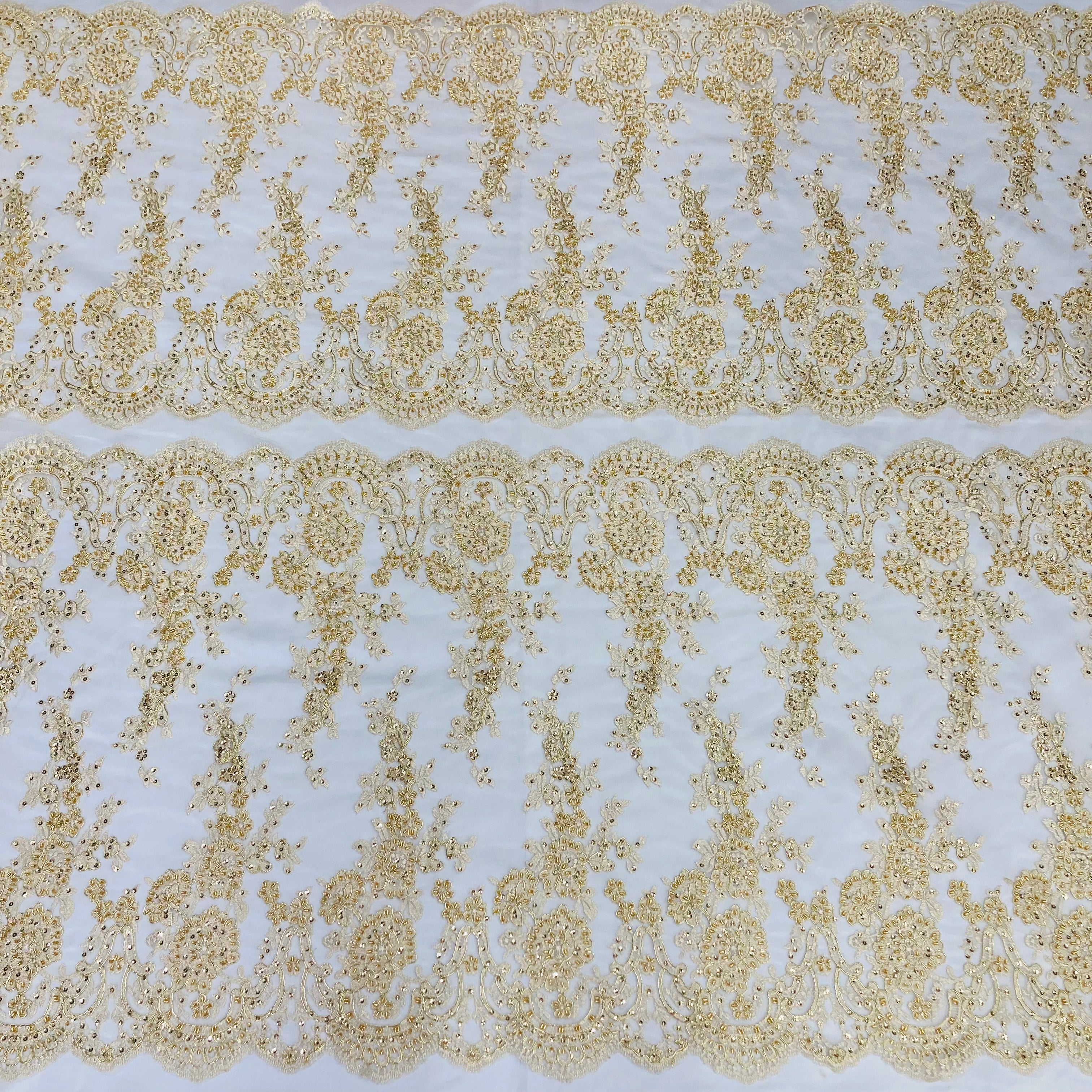 Beaded & Corded Bridal Lace Fabric Embroidered on 100% Polyester Net Mesh | Lace USA - 96874W-HB