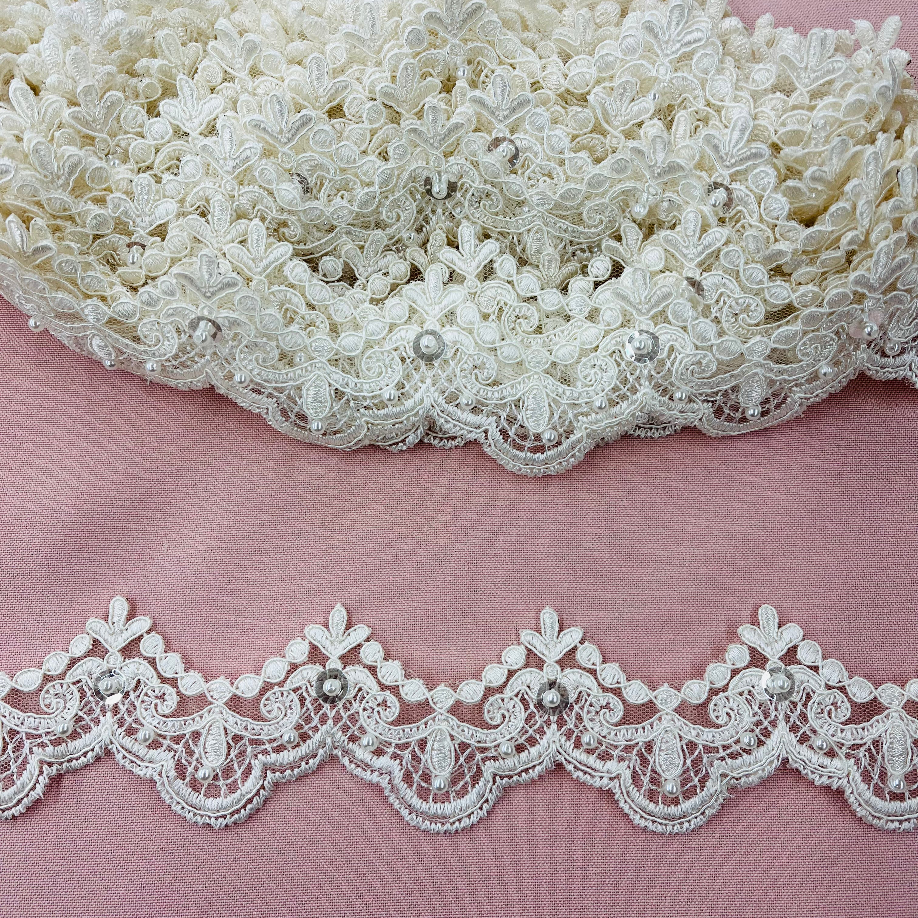 Beaded & Corded Lace Trimming Embroidered on 100% Polyester Net Mesh | Lace USA - 95142N-BP