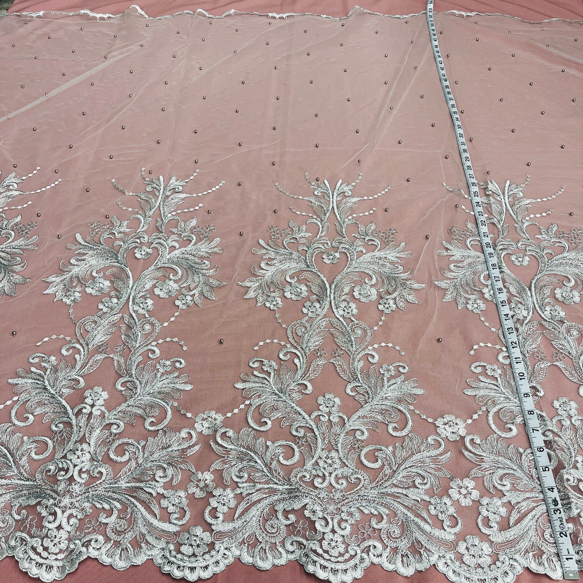 Beaded & Corded Bridal Lace Fabric Embroidered on 100% Polyester Net Mesh | Lace USA - 73013W-NB