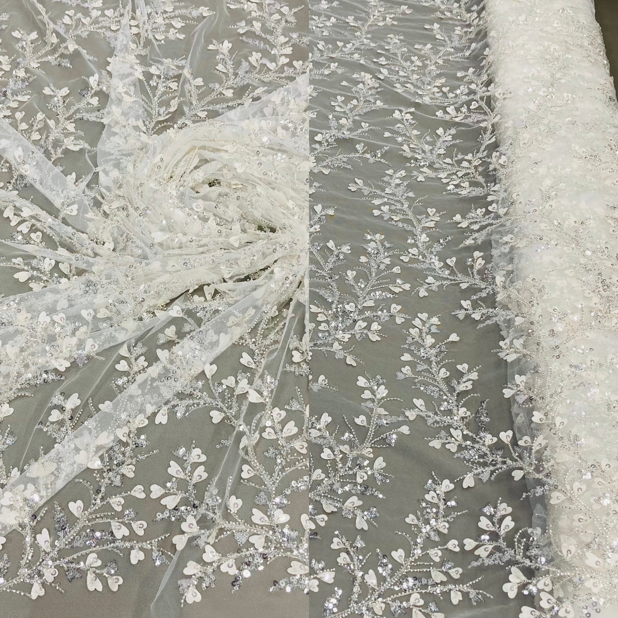 Beaded 3D Floral Lace Fabric Embroidered on 100% Polyester Net Mesh | Lace USA - GD-70