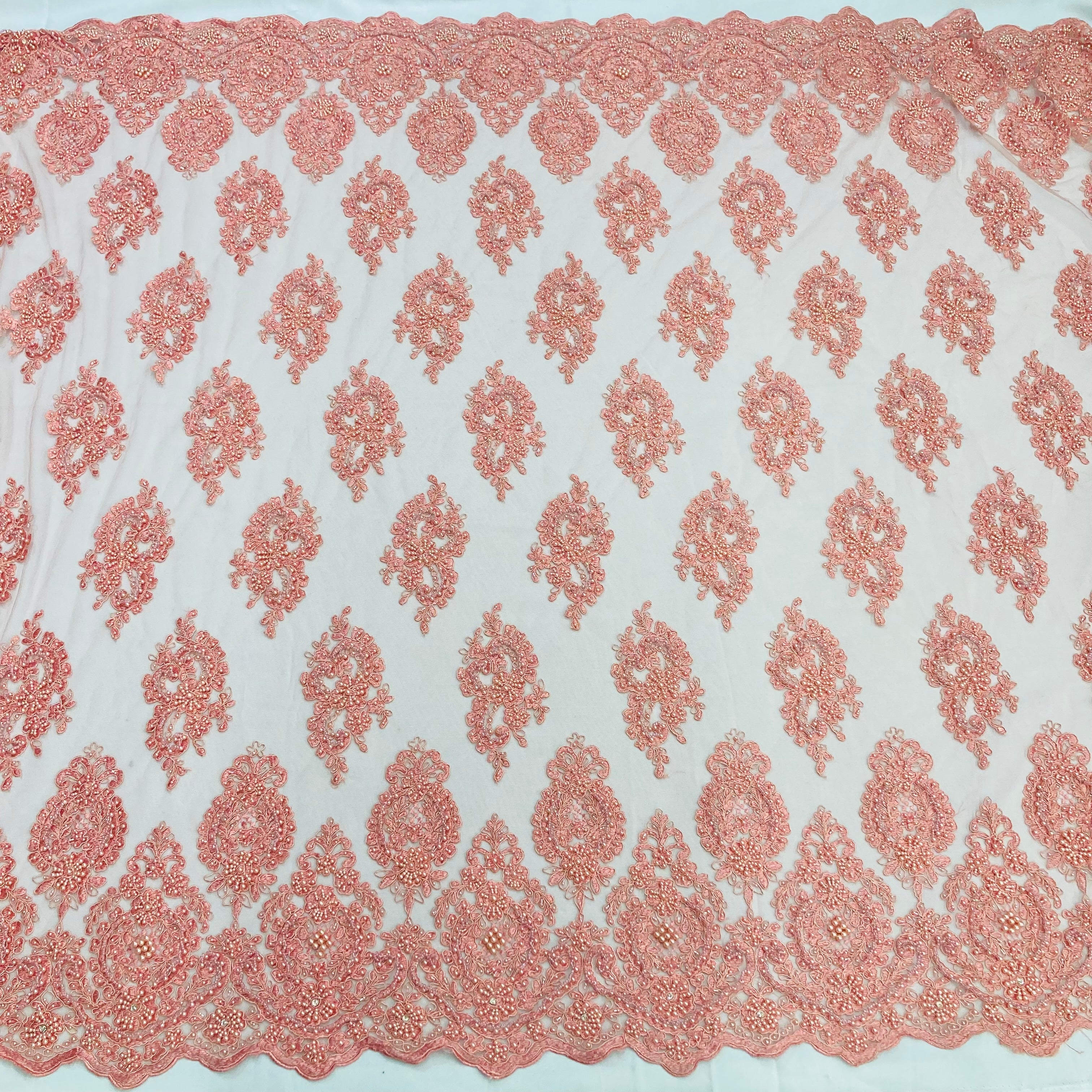 Beaded & Corded Lace Fabric Embroidered on 100% Polyester Net Mesh | Lace USA - GD-091