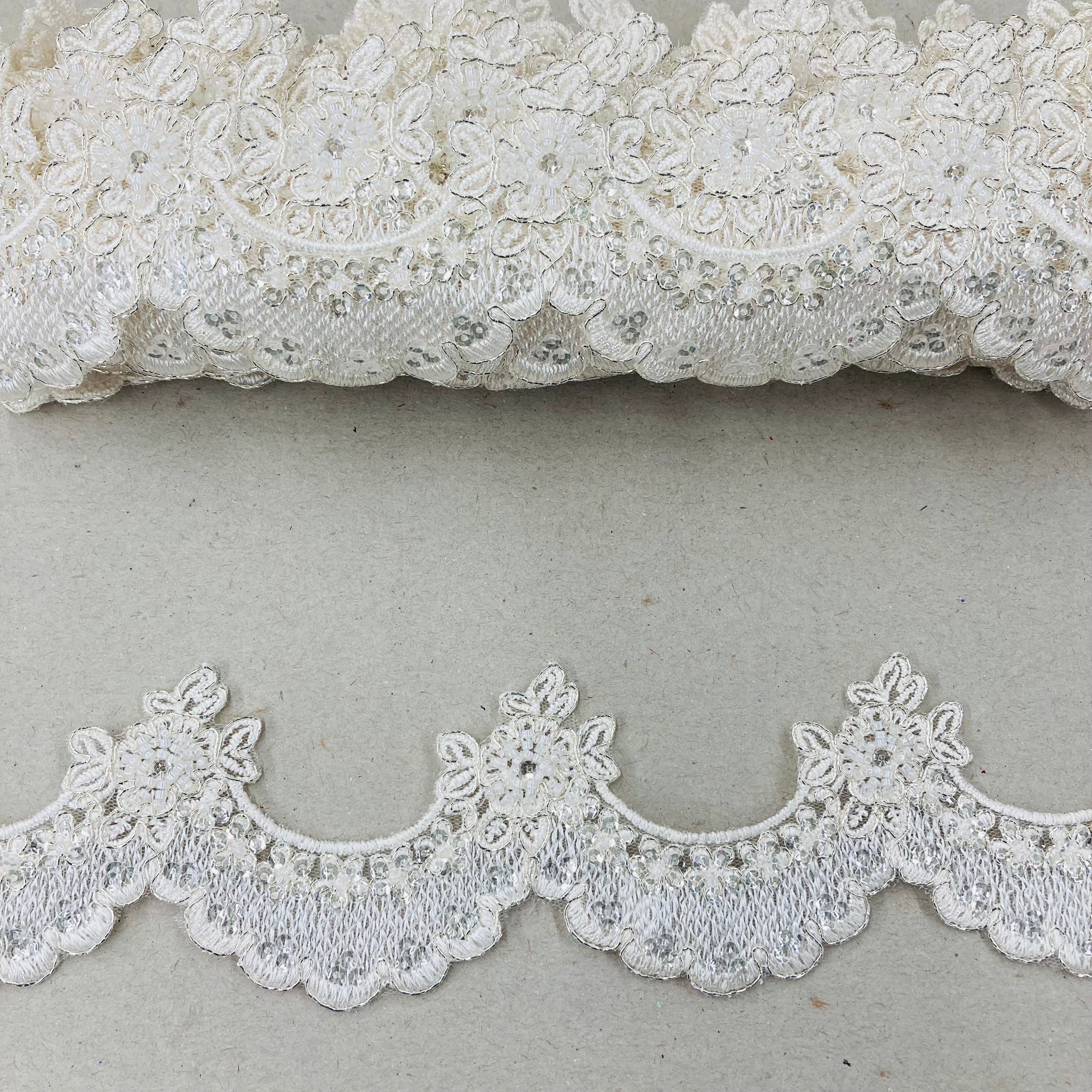 Beaded & Corded Lace Trimming Embroidered on 100% Polyester Net Mesh | Lace USA - 95600W-BP