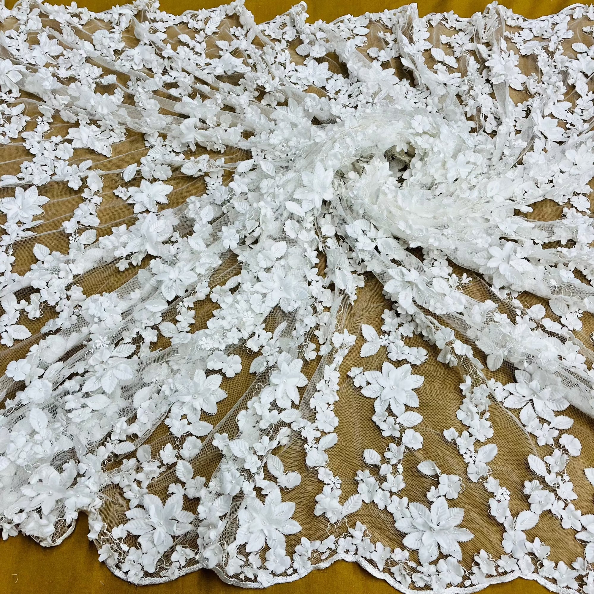Beaded 3D Floral Lace Fabric Embroidered on 100% Polyester Net Mesh | Lace USA - GD-127