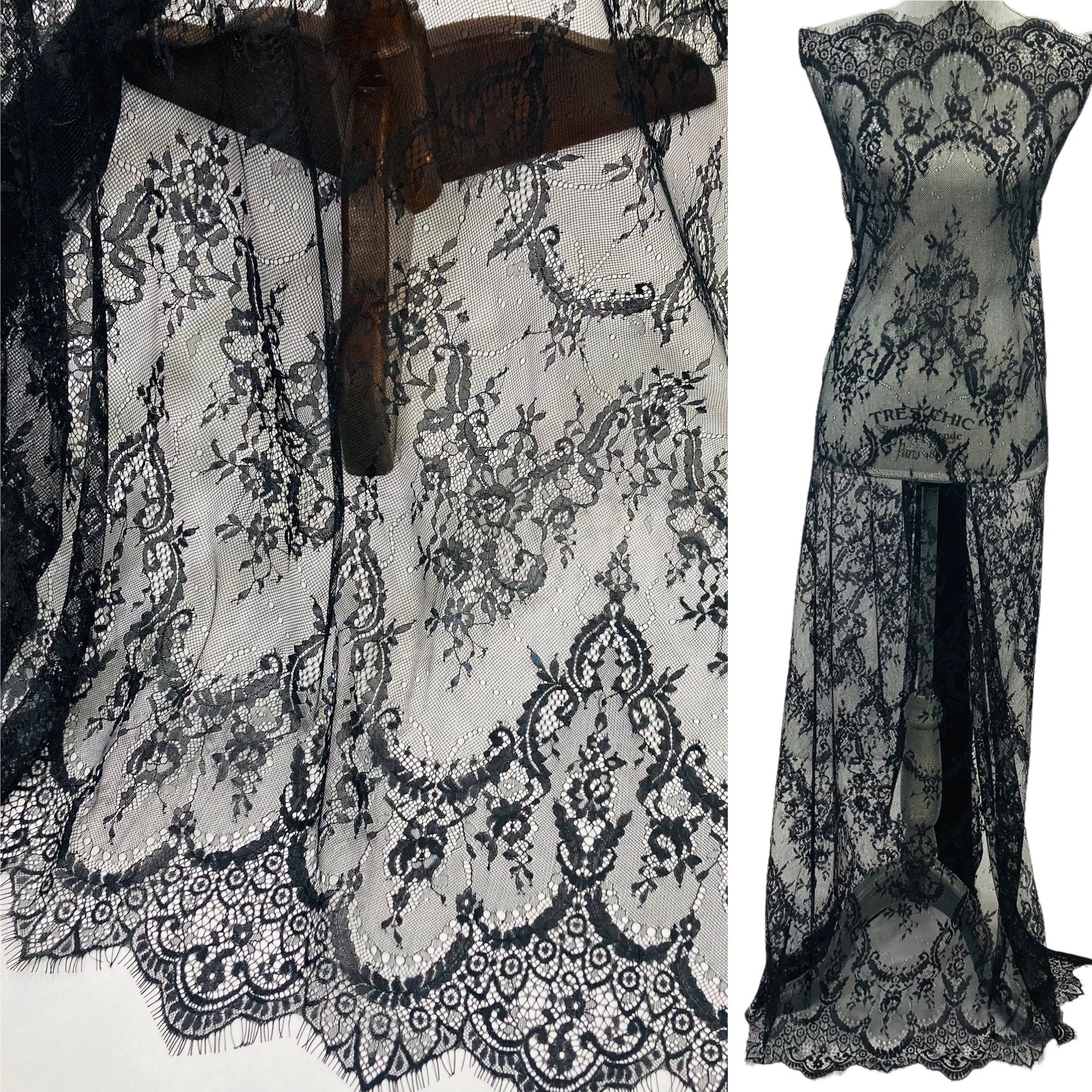 Chantilly Embroidered Lace Fabric with Eyelash Scallop - 3 Yards | Lace USA - 68124W