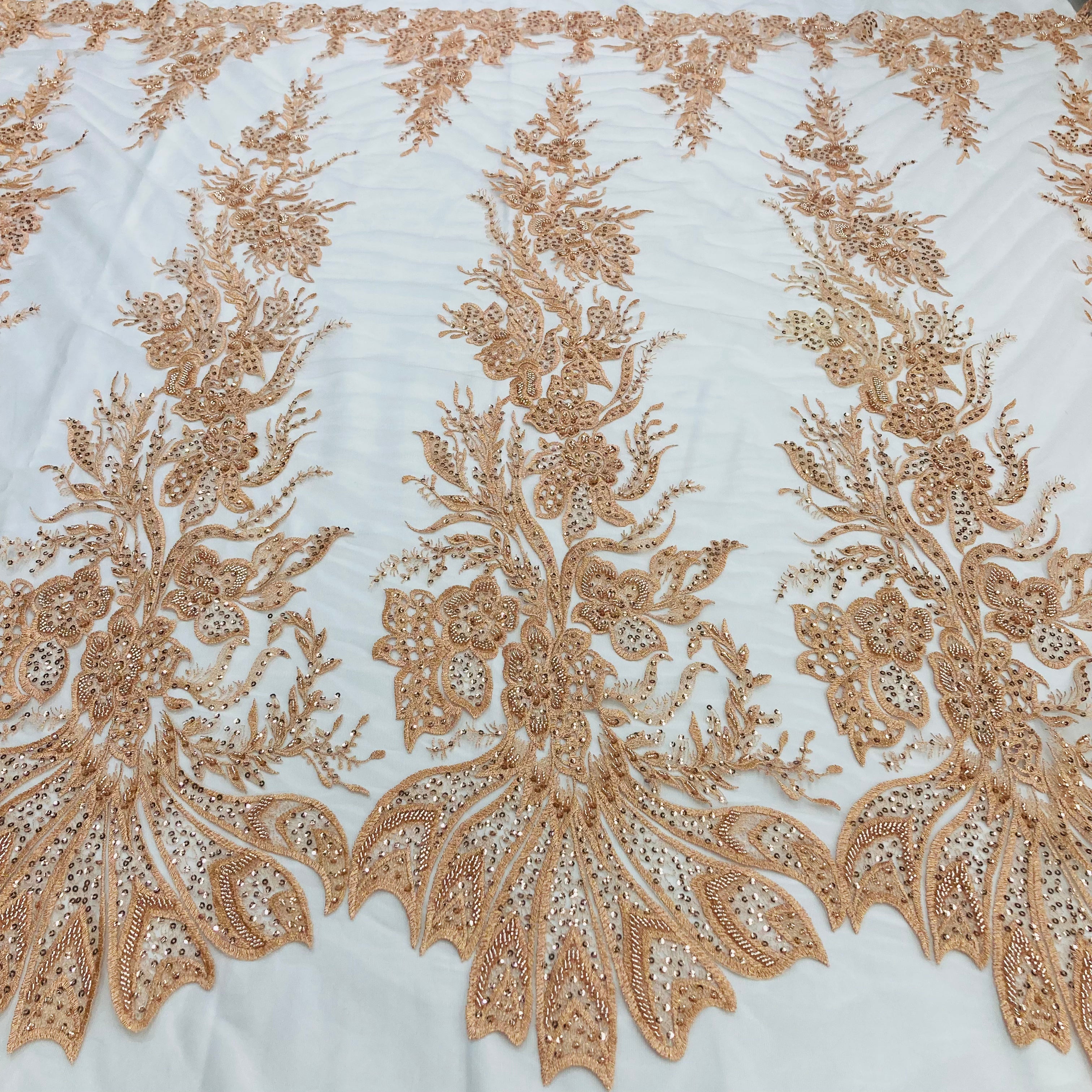 Beaded & Sequined Lace Fabric Embroidered on 100% Polyester Net Mesh | Lace USA - GD-67814