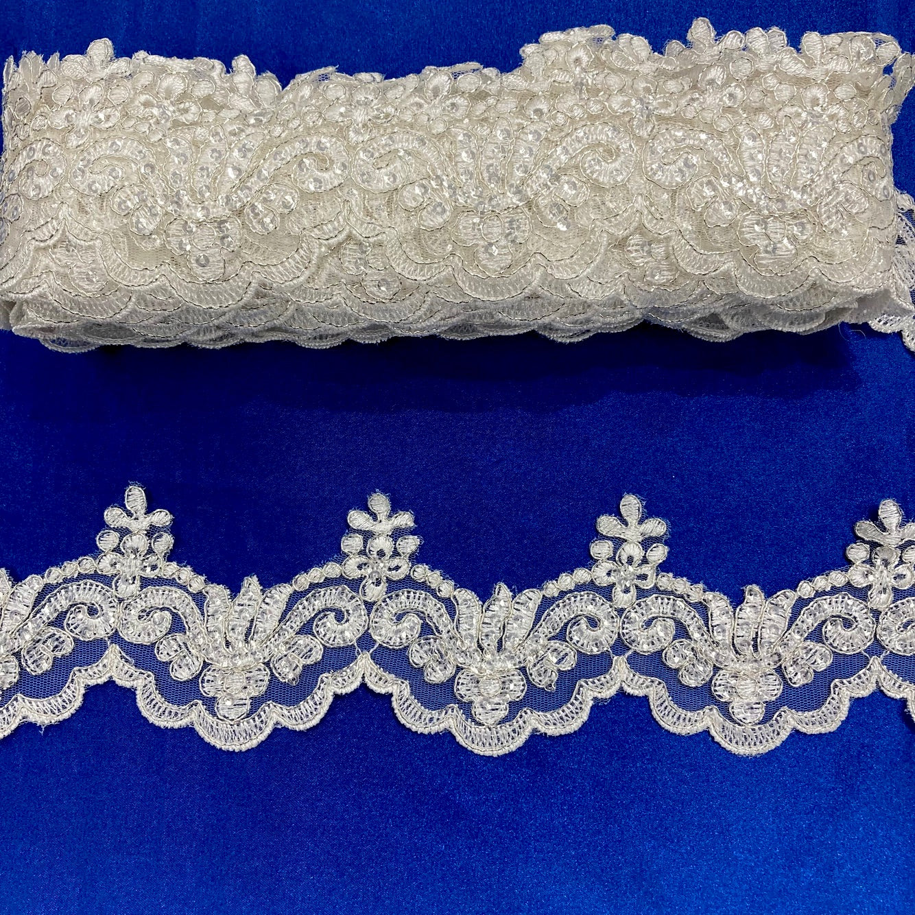 Beaded & Corded Lace Trimming Embroidered on 100% Polyester Net Mesh | Lace USA - KZ-34W-SB