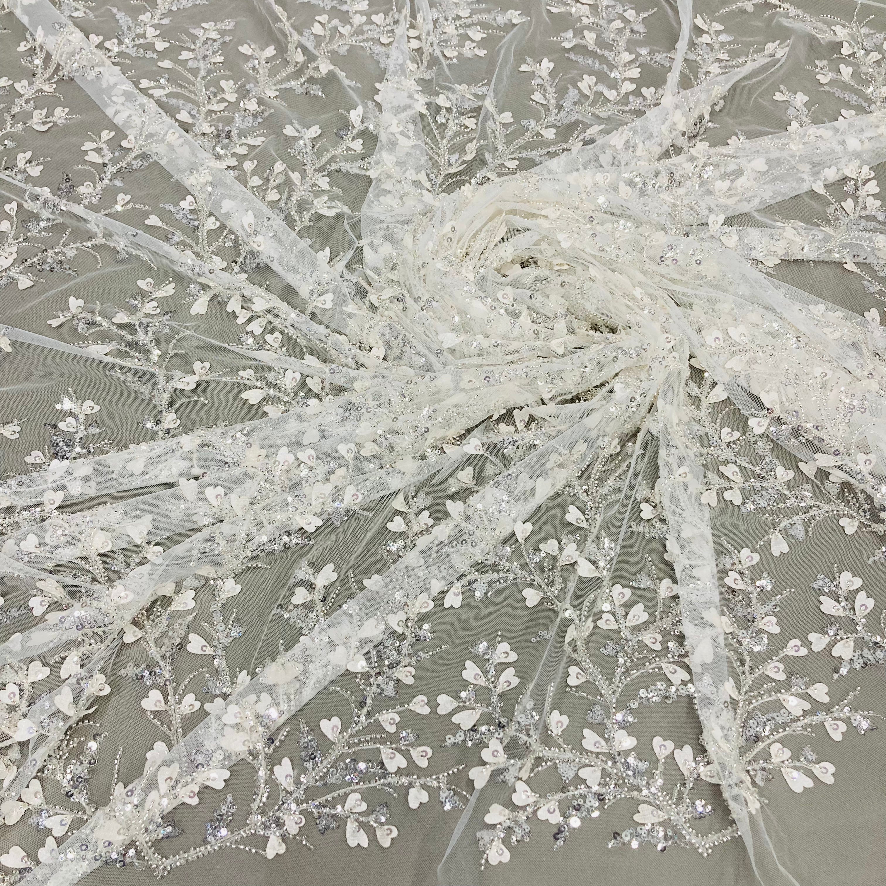 Beaded 3D Floral Lace Fabric Embroidered on 100% Polyester Net Mesh |