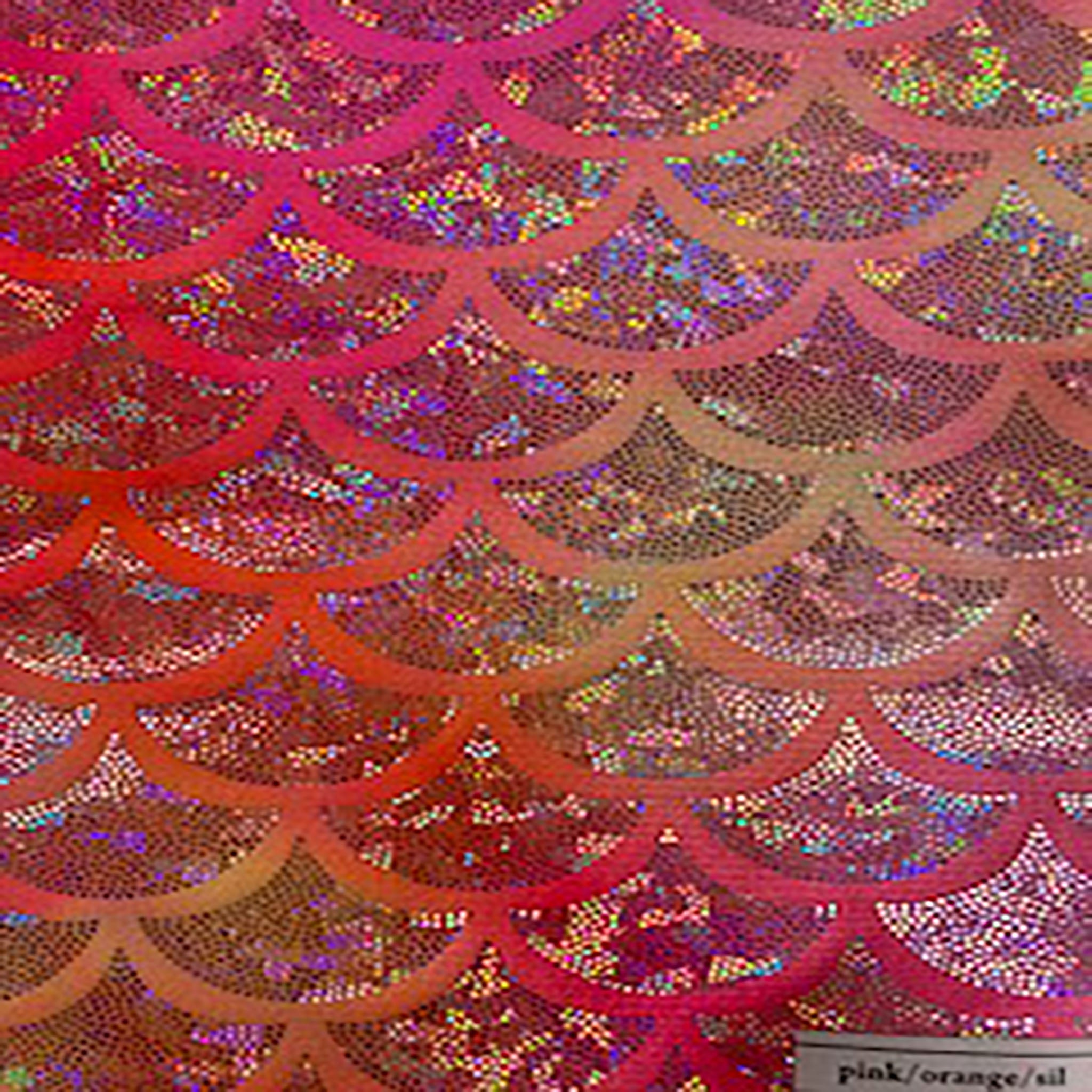 Shell Jumbo Hologram Tie Dye Stretch Nylon Spandex Tricot Fabric | Spandex Palace  Pink Orange Silver