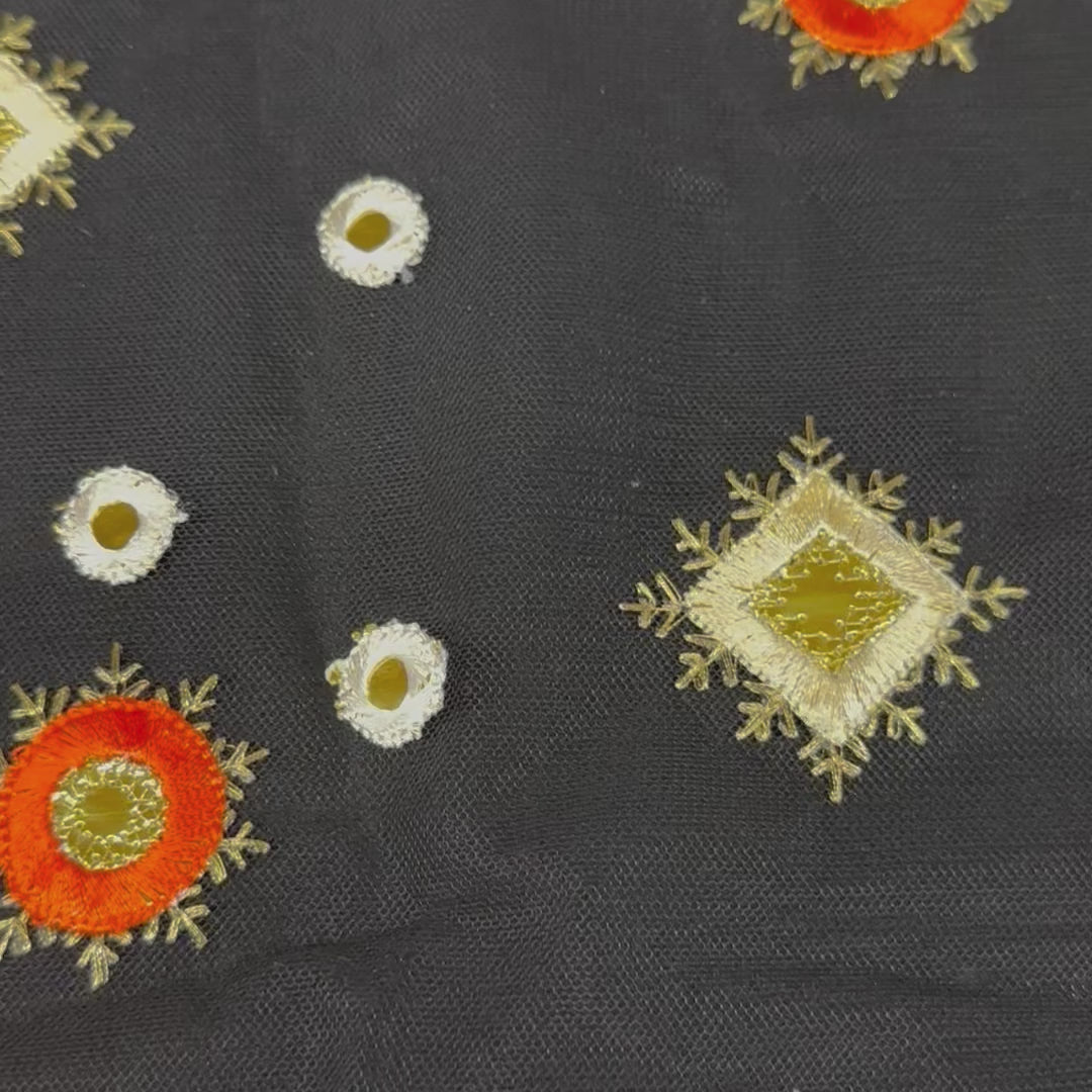 Polyester tulle with Cluster Design Metallic Embroidery | Spandex palace Black base