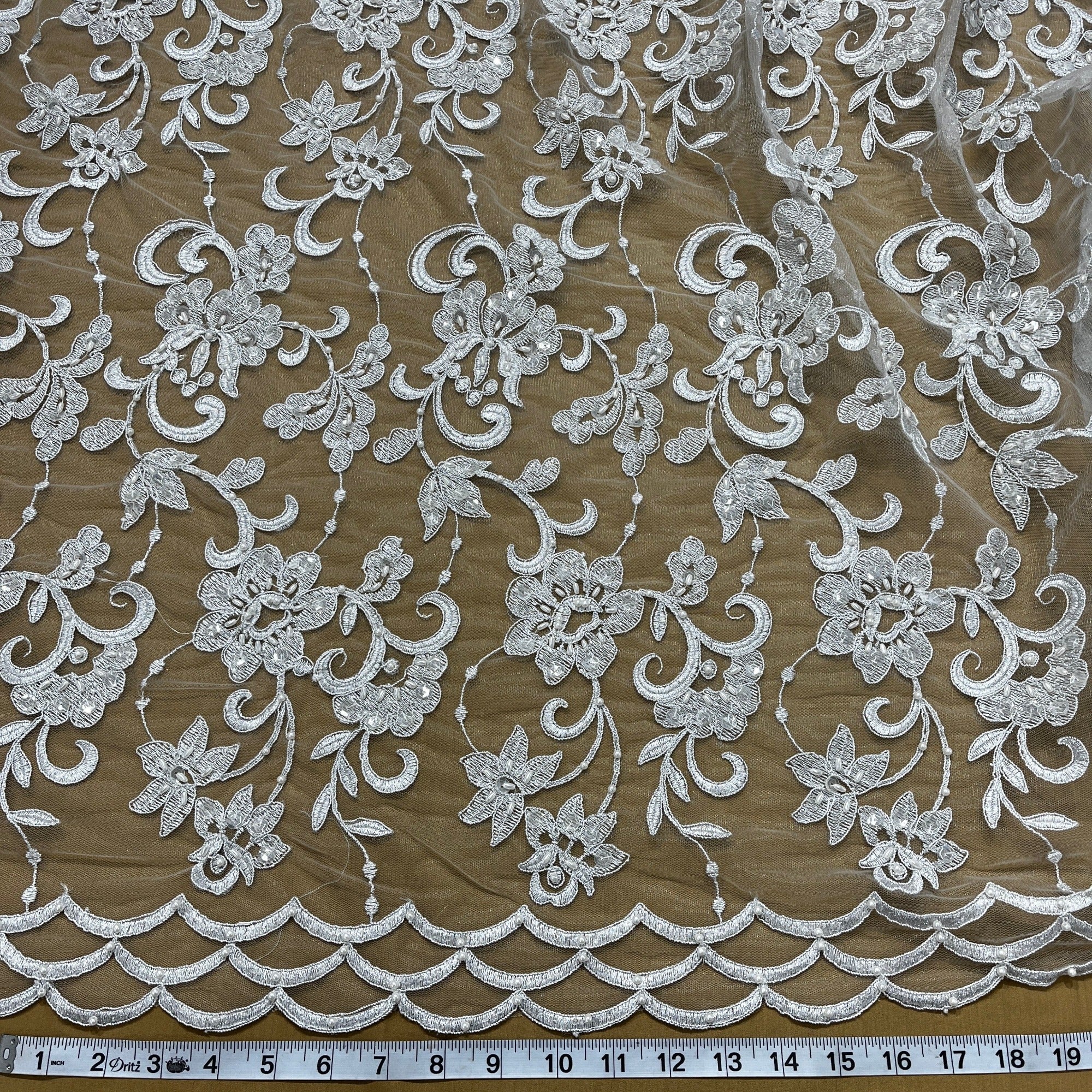 Beaded & Corded Bridal Lace Fabric Embroidered on 100% Polyester Net Mesh | Lace USA - 96297W-BP